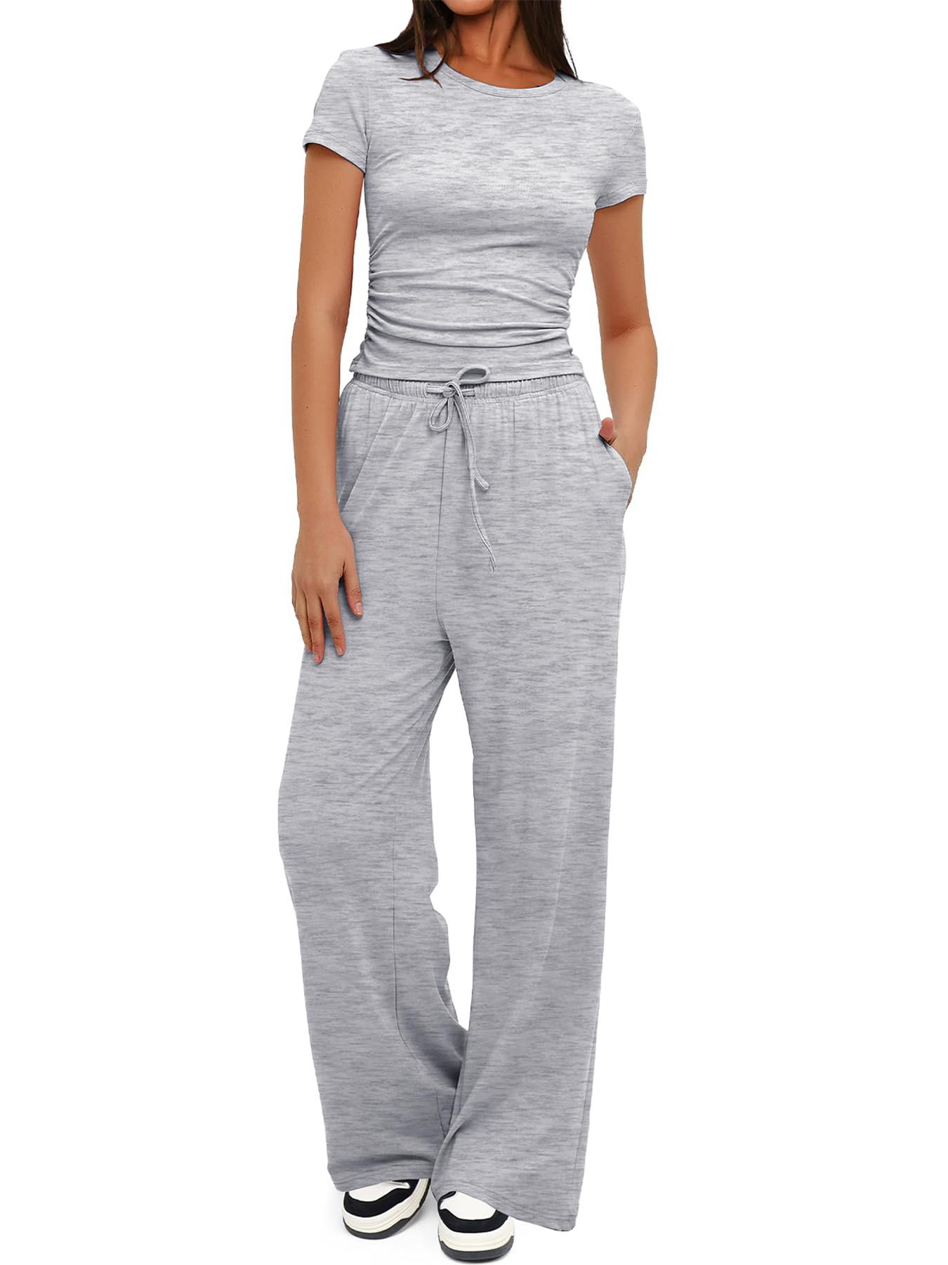 Women's Spring Summer Casual Chic Set, Round Neck Short Sleeve Top & Wide Leg Pants, Slim Fit Home Wear, 2 Piece, Ruched Design, Drawstring