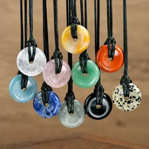Natural Stone Donut Pendant Necklace For Women And Men Boho 25mm White Quartz Rose Quartz Sodalite Green Aventurine Charms