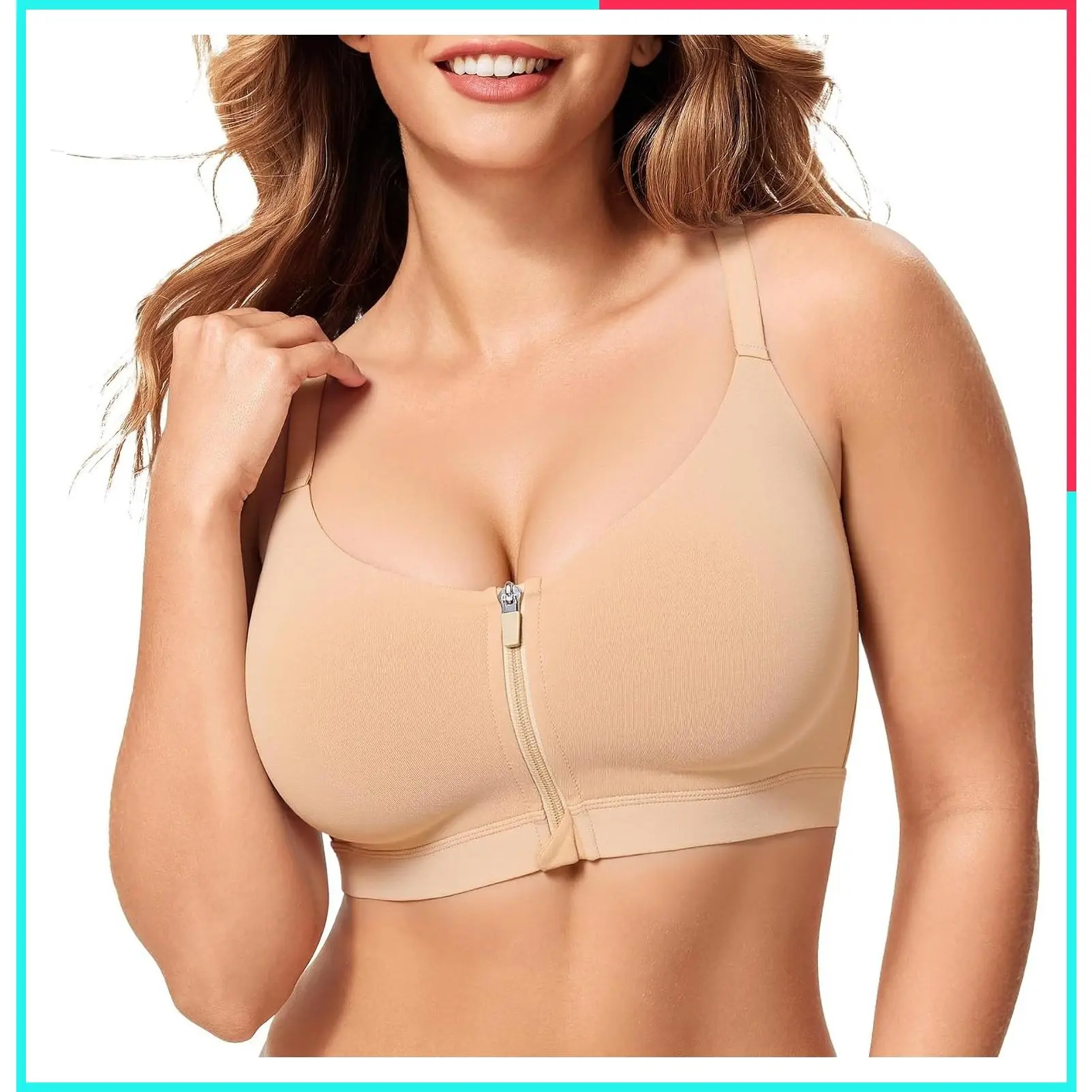 Women's Zip Front Closure Wireless Support Bra Full Coverage Comfortable Bralette No Underwire Back Smoothing Surgical Compression Mastectomy Post Surgery Light Exercise