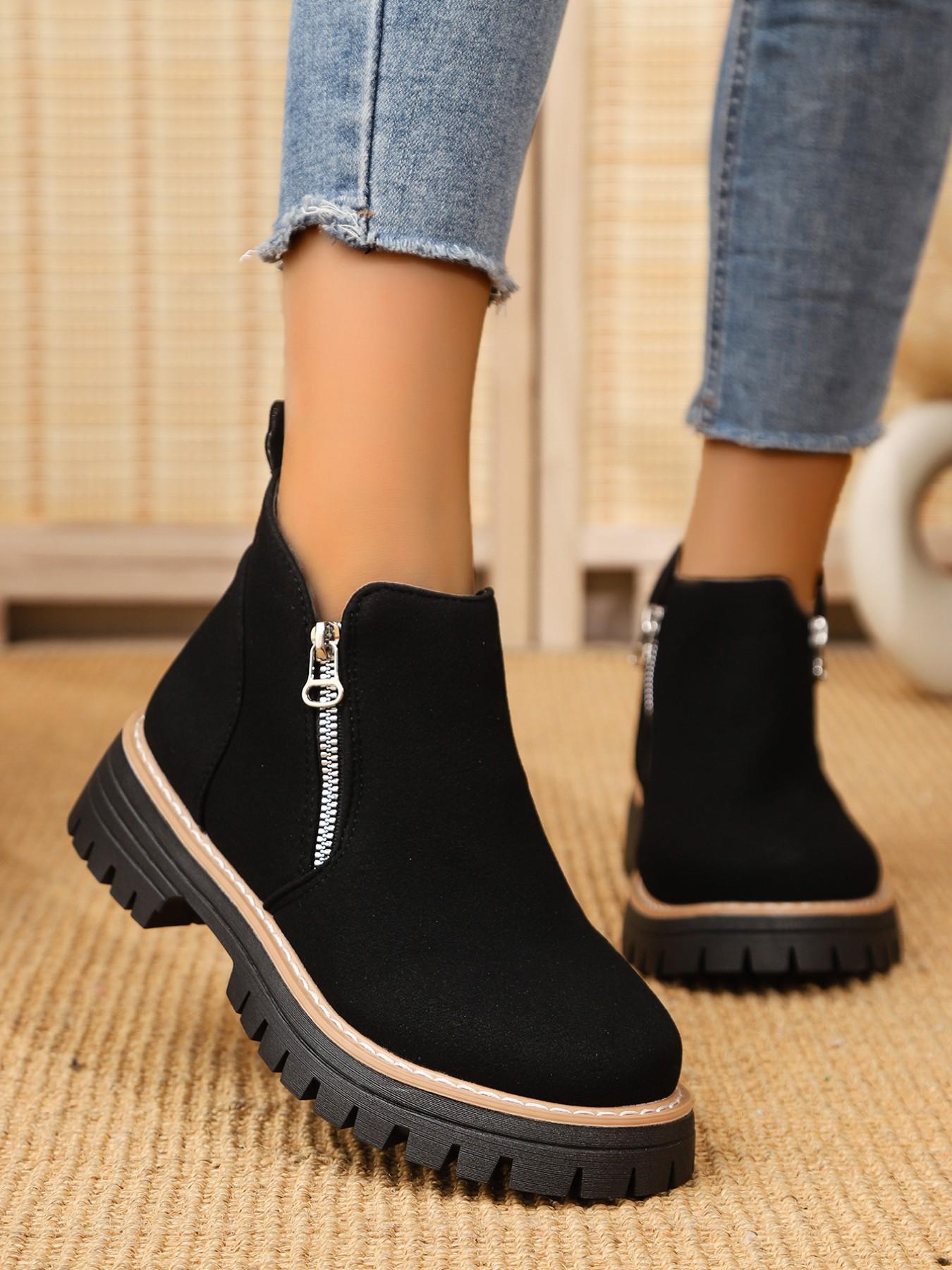 Women's Vintage Textured Thick Sole Chelsea Boots, Side Zipper Easy On/off, Height-Boosting Round Toe Short Boots, Anti-Slip Comfortable Outerwear