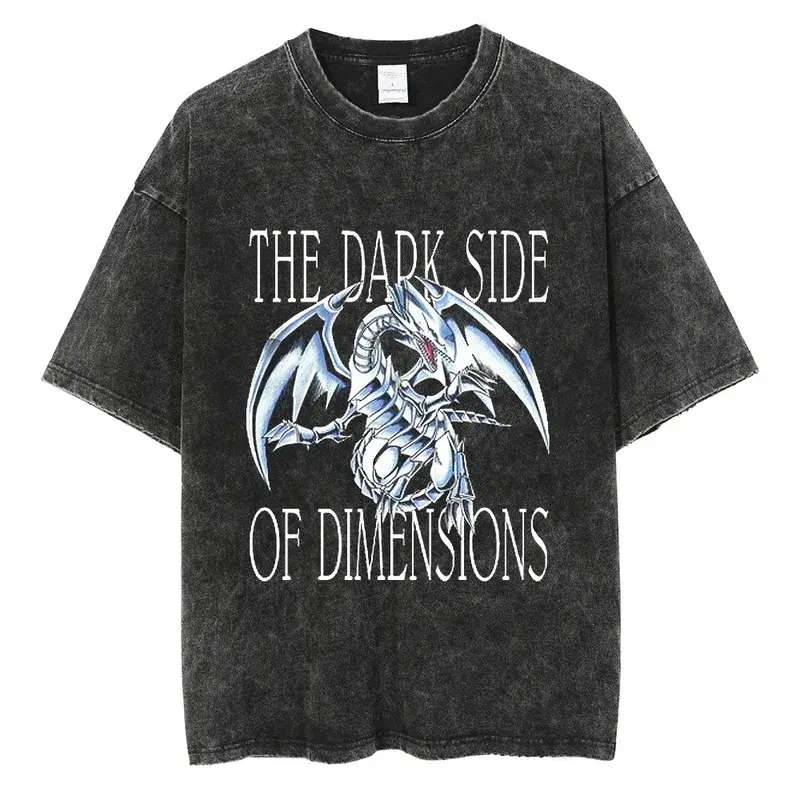 Men's Anime Yu-Gi-Oh Graphic T-Shirt - Vintage Washed, Oversized, Casual, Aesthetic Vibe Streetwear Short-Sleeve Top, Blue-Eyes Manga-Inspired Unisex Clothing Layerable Under Jackets, Street Style, Cargo