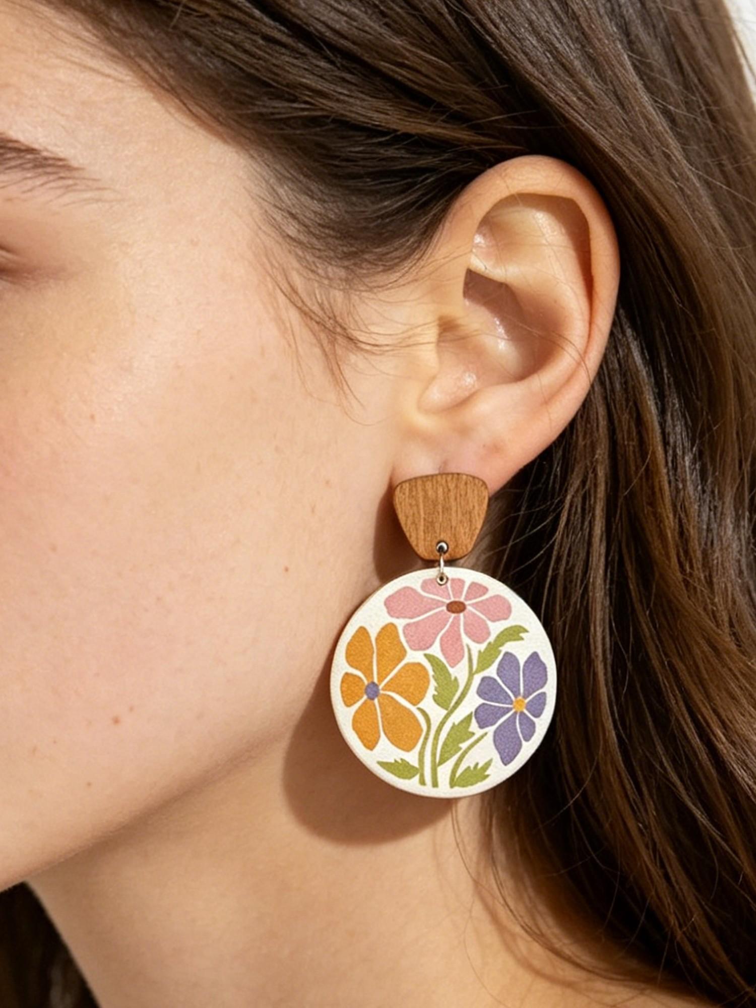 Vintage Floral Boho Drop Earrings, Multicolor Wooden Round Porcelain Studs, All-Over Print Design, Perfect for Spring & Summer