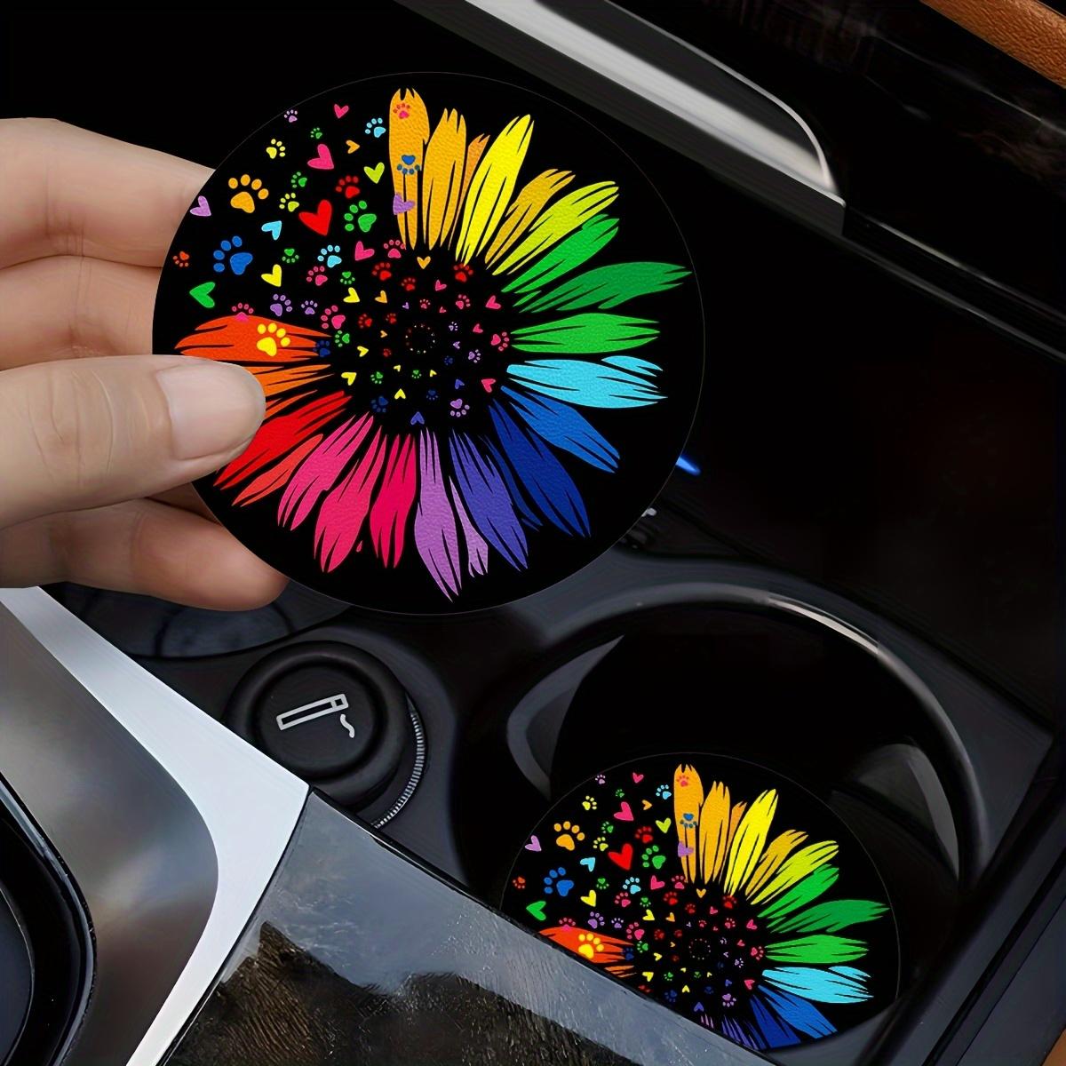 [Car Cup Coaster] 2pcs Colorful Sunflower Pattern Car Coaster, 2.755-inch Round Decorative Car Coaster, Home And Car Water Cup Mat, Beverage Mat, Men'S And Women'S Car Interior Accessories, Colorful Heart And Dog Claw Print Decorative Coaster