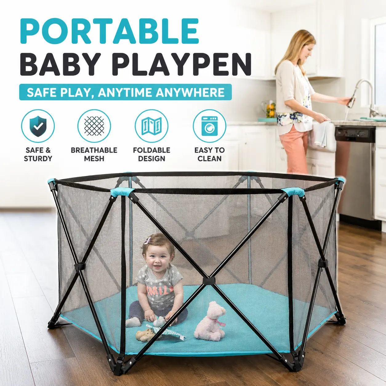 Portable Baby Playpen & Play Yard for Parents, 6-Panel Foldable Metal Frame, Mesh Sides, Washable Fabric, 48" Width, Aqua/Black Indoor Outdoor Enclosure for Babies/Toddlers