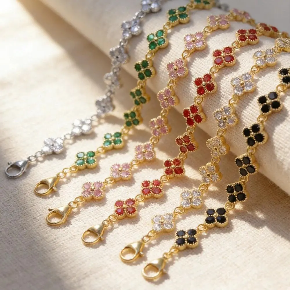 Stainless Steel Colorful Cubic Zirconia Flower Cover Bracelet Adjustable Four-Leaf Clover CZ Stone Flowers Jewelry for Women