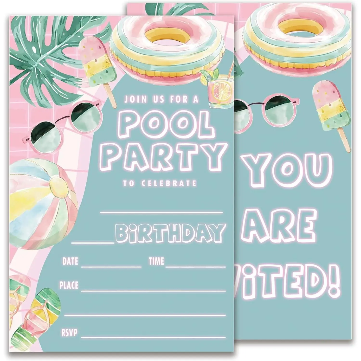 Pool Theme Summer Party Invitation Cards, 20 Double-Sided 4x6 in Fill-In Cards with 20 Envelopes for Boys' Birthday Pool Party Supplies, 20 Cards