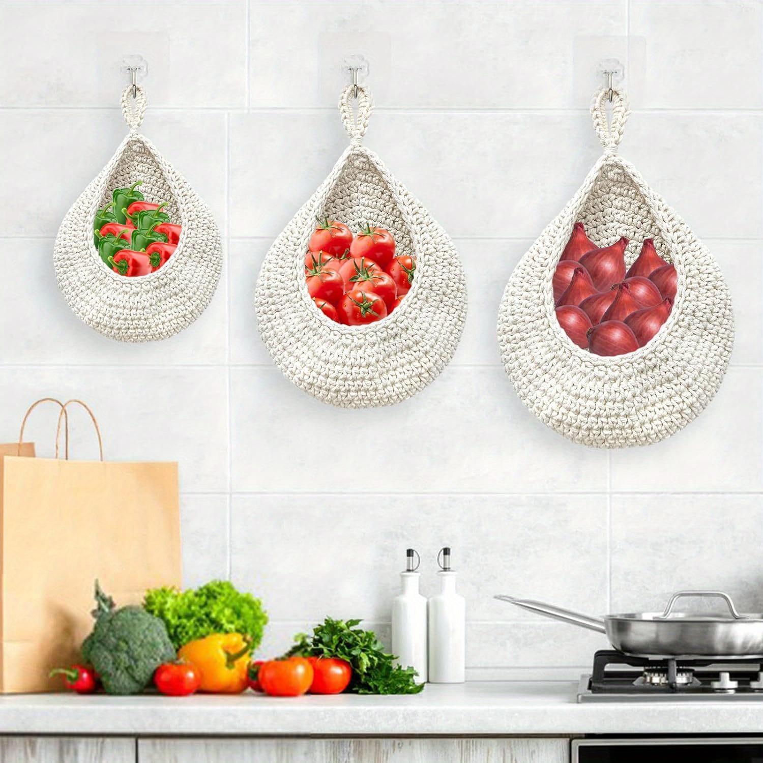 Hanging Wall Vegetable Fruit Basket, 3 Counts/set Boho Style Handwoven Wall Mounted Fruit Veggie Basket, Home Organizer for Kitchen Living Room