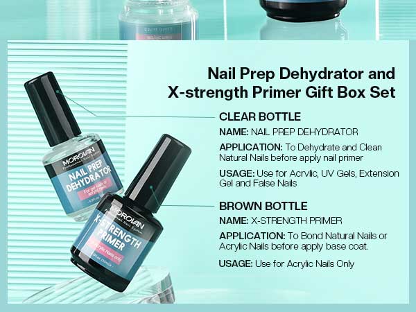 Morovan Nail Prep Dehydrator and Nail Primer X-strength, No Burn Non Acid Nail Primer and Dehydrator for Acrylic Powder Fast Dry 0.5oz Nail Primer Set