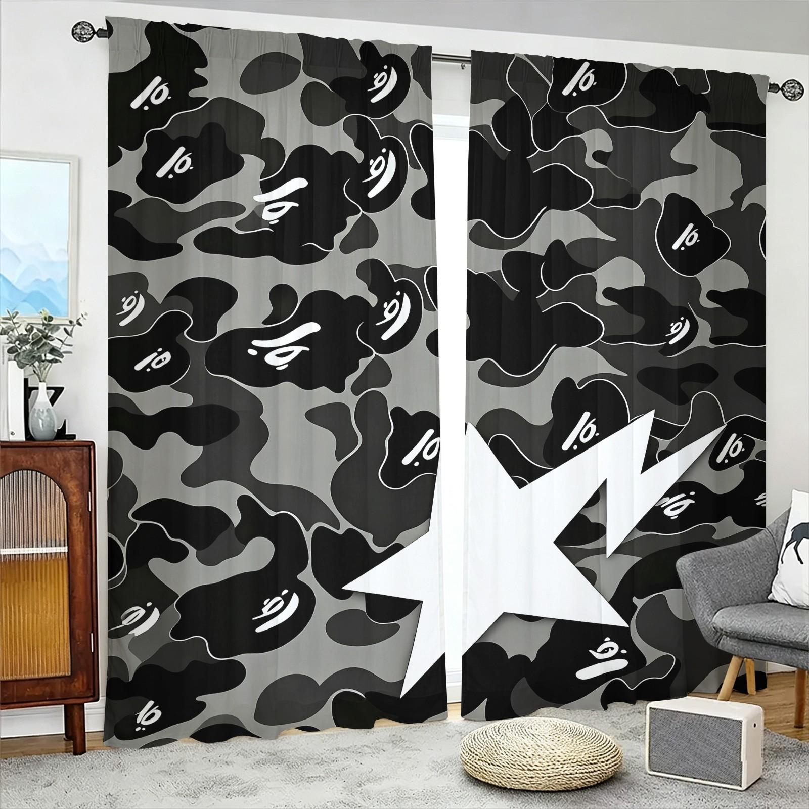 Gray Black Camo Star Semi-Sheer Light Filtering Curtains, Curtain for windows, Privacy Protection Brushed Flannel Drapes, Streetwear Camouflage Print Non-Blackout Rod Pocket Panels, Window Decor for Living Room, Teens Bedroom