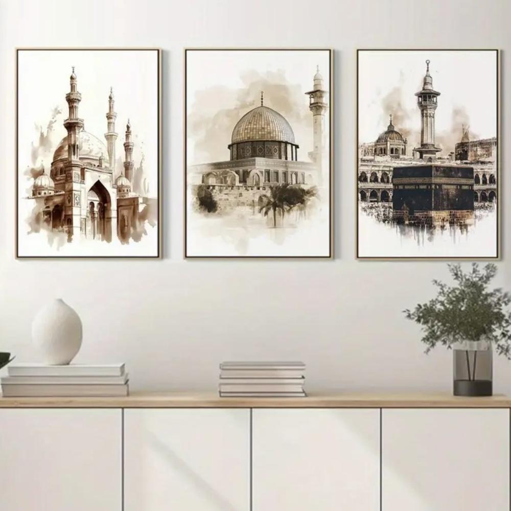 3pcs Frameless Muslim Jerusalem Mecca Medina Mosque Wall Art Print Canvas Poster, Living Room Decoration, Watercolor Painting