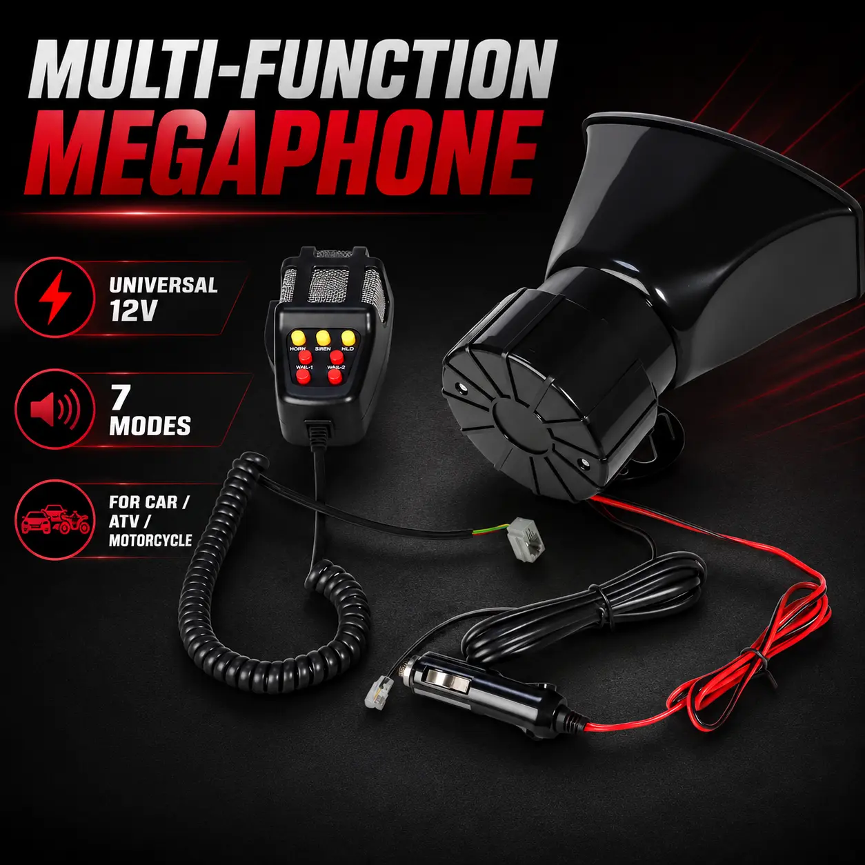 Universal 12V Vehicle PA Megaphone with 7 Sound Modes and Handheld Microphone, Easy-Install Plug-and-Play Speaker for Cars, Motorcycles, ATVs, UTVs & Everyday Outdoor Use