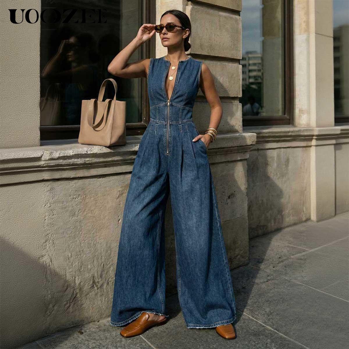 UOOZEE Women's New Summer Vintage Sleeveless Denim Wide Leg Jumpsuit, High Waist Front Zip Denim Overalls with Pockets, Zip Front Casual Jumpsuit for Tall Women(One Size Up Recommended for C - Cup and Above),summervibes UOOZEE Women's New Summer Vintage Sleeveless Denim Wide Leg Jumpsuit, High Waist Front Zip Denim Overalls with Pockets, Zip Front Casual Jumpsuit for Tall Women(One Size Up Recommended for C - Cup and Above),summervibes