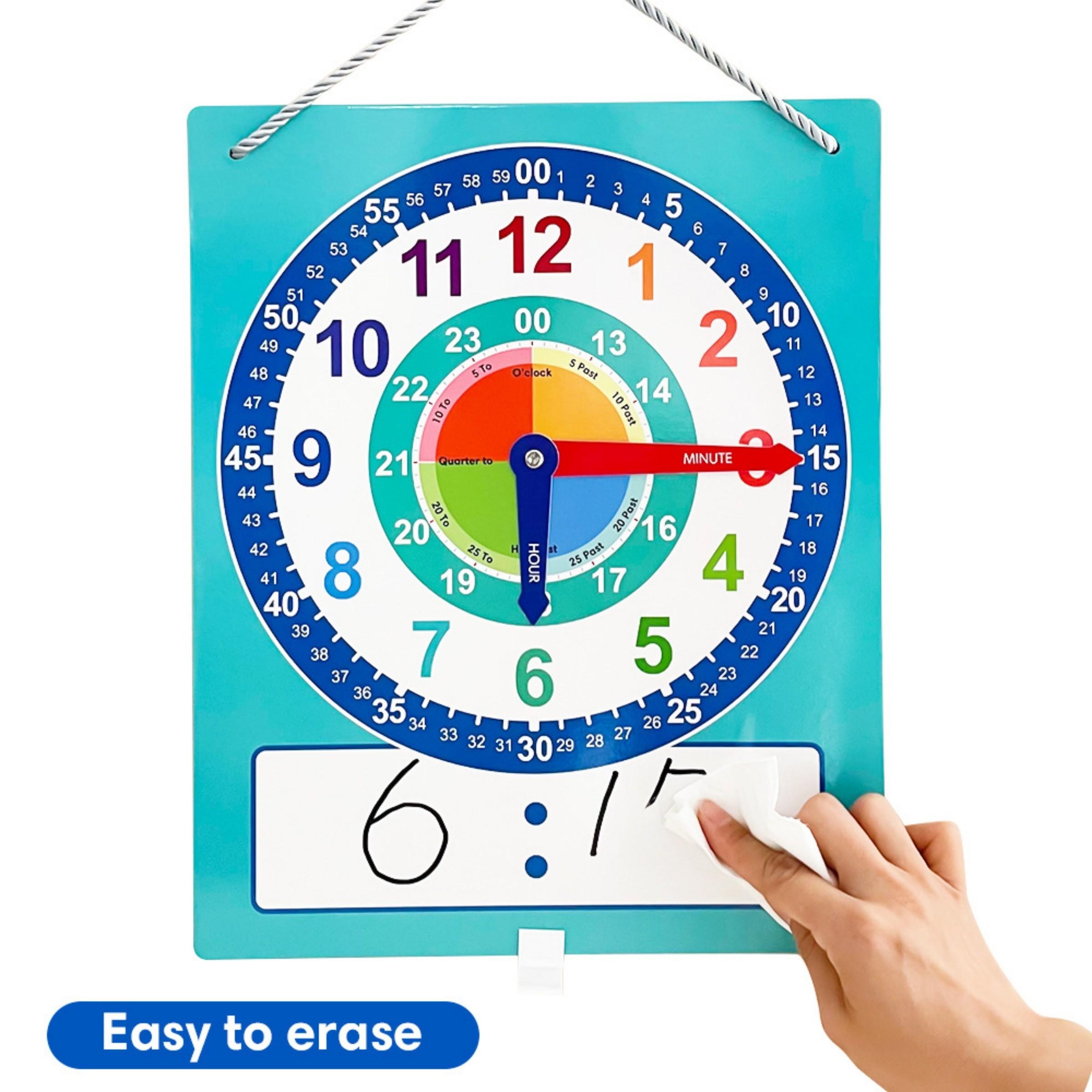 Teaching Clock Teaching Aid, Time Recognition Learning Teacher Tool, Includes Erasable Pen, Suitable for Daily Home Classroom Study, Math Learning Tools, Visual Learning Tools, Learning Materials