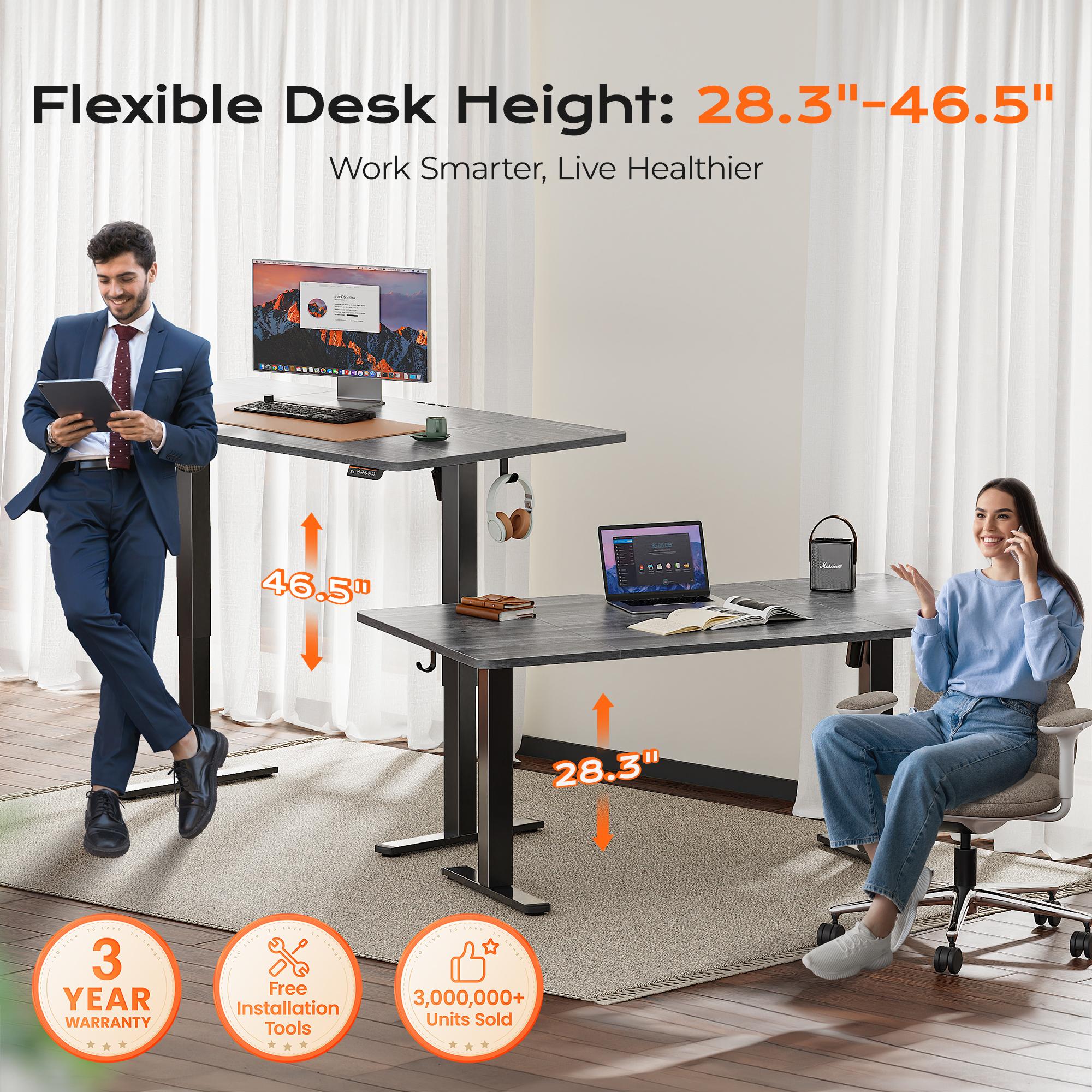 Huuger 48/55 Inch Electric Standing Desk, Stand up Desk, 27.6" Deep Desktop, 28.3" to 46.5" Height Adjustable Desk, Computer Desk with 2 Hooks, 3 Preset Heights, Office Desk