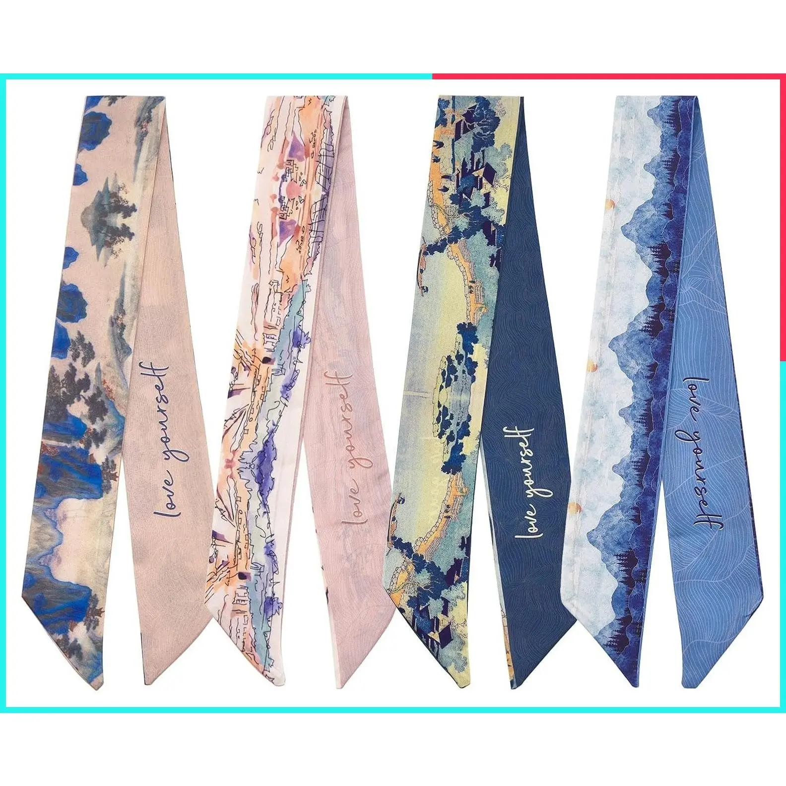 4 Pack Women's Skinny Twill Hair Scarves, Narrow Neck Scarf Band, Handbag Bag Charms, Fashion Accessories