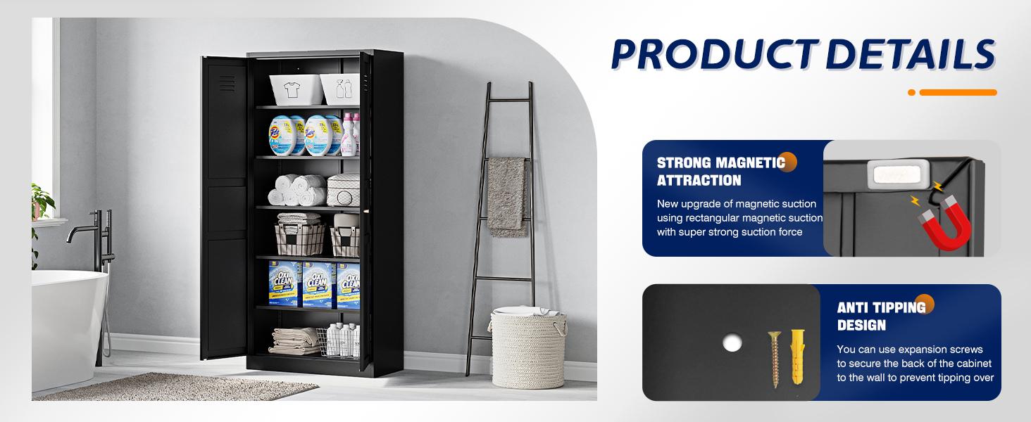 Yizosh Metal Storage Cabinet with 2 Doors and 4 Adjustable Shelves - 61" White Kitchen Pantry Storage Cabinet, 5-Tier Tall Steel Cabinet Locker for Kitchen, Living Room, Dinning Room