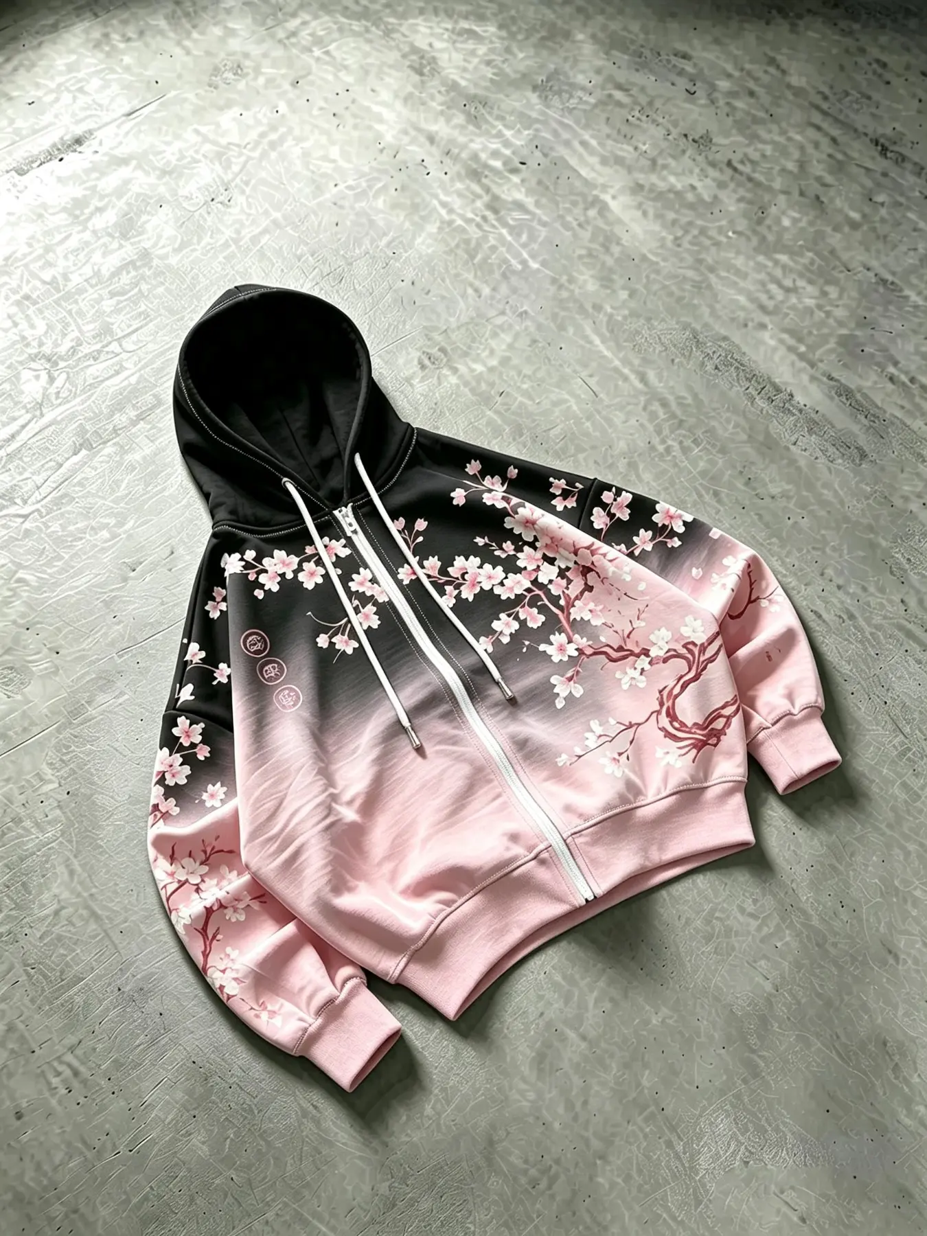 Full‑Zip Hooded Jacket Sakura Cherry Blossom All‑Over Graphic Print Black Pink Gradient Dye Sweatshirt Loose Lightweight Alt Aesthetic Kawaii Streetwear Casual Outerwear for Lounge Home Outdoor Hangout Unisex Men Women