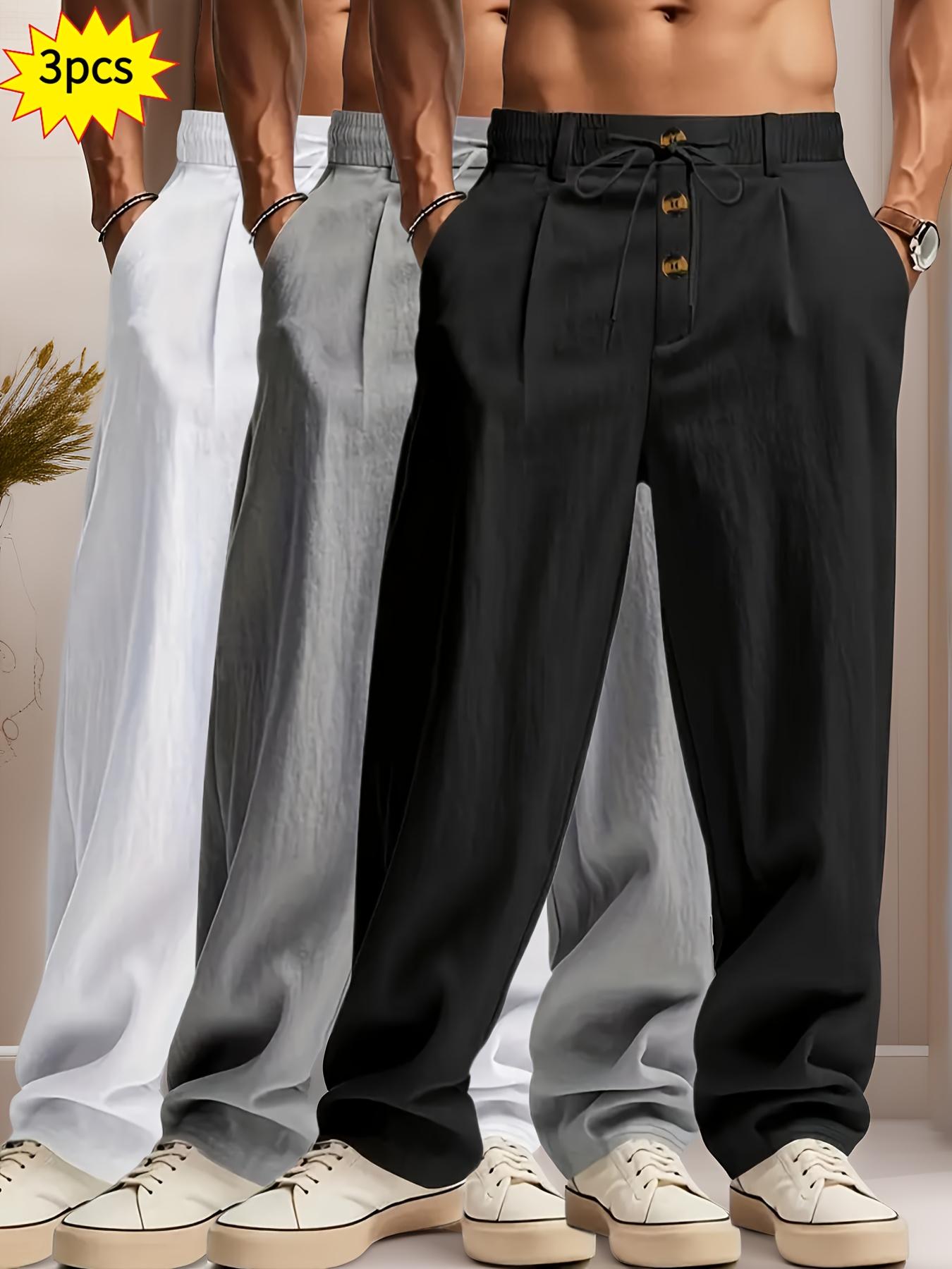 3 pieces of men's summer plain-color simple linen casual straight-leg trousers, Casual Solid Drawstring, beach-friendly lightweight breathable linen trousers, suitable for daily commuting and outdoor activities, vacations, beaches, Casual Fashion Pockets