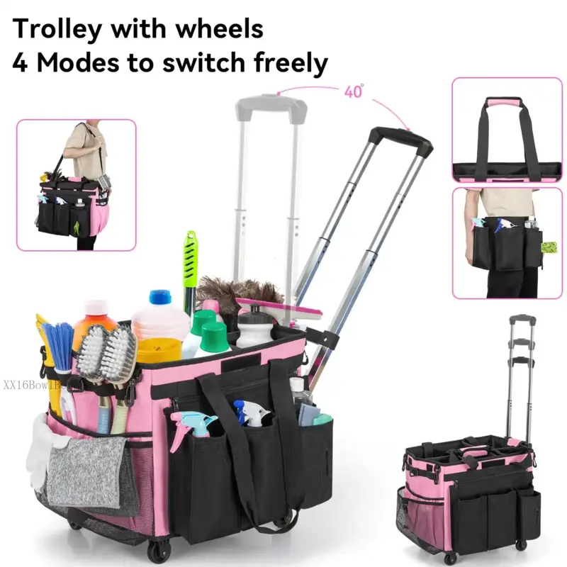 Rolling Cleaning Caddy Bag, Cleaning Caddy with Wheels with Detachable Trolley for Housekeepers, Water Resistant Cleaner Supplies Organizer with Wheels for Kitchen, Car, PicnicXX16BowlBouquet