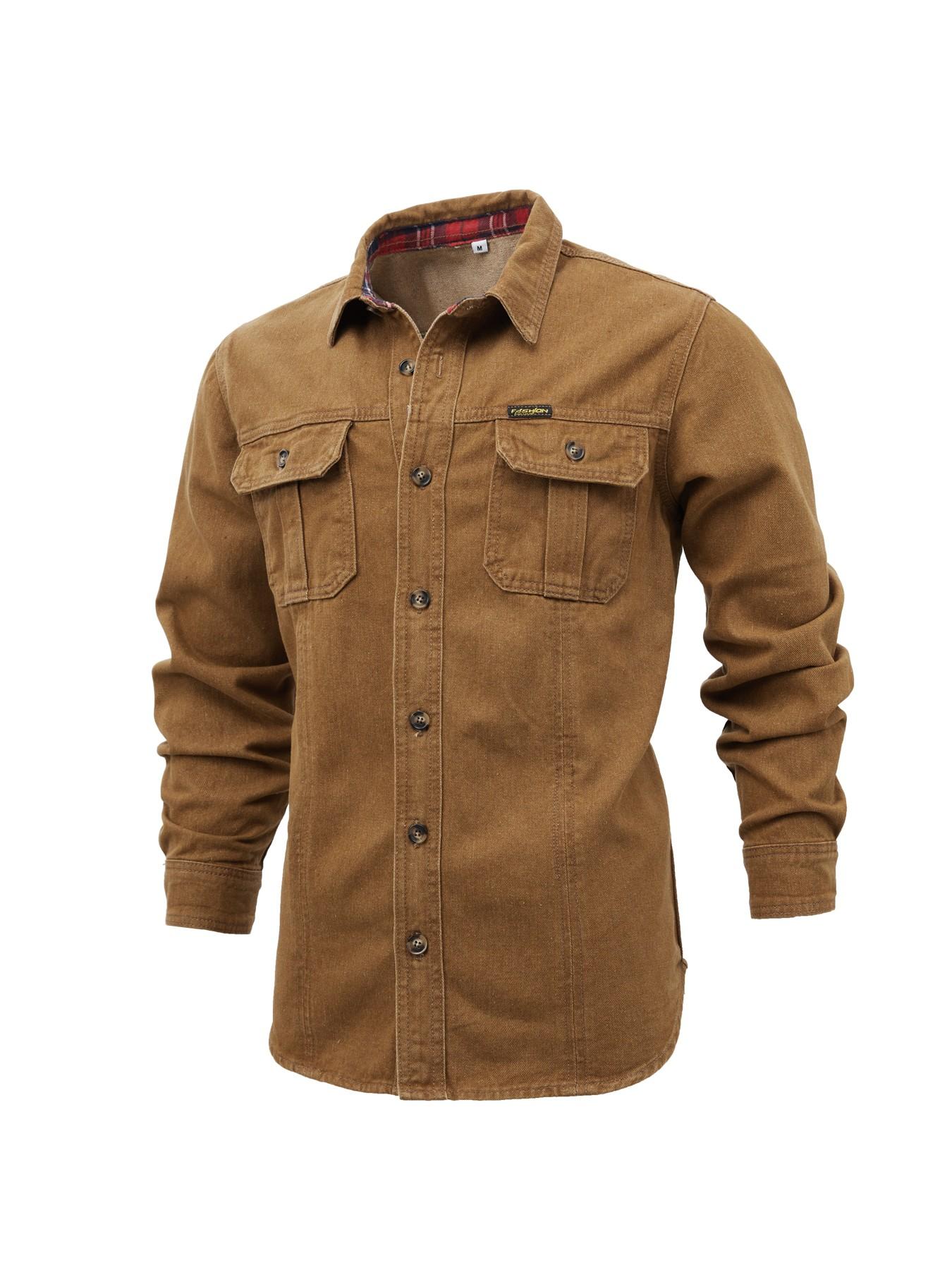 Men's Vintage Fleece Lined Workwear Shirt Jacket, Heavyweight Washed Cotton, Dual Chest Pockets, Copper Buttons, Fall Winter Warm Coat