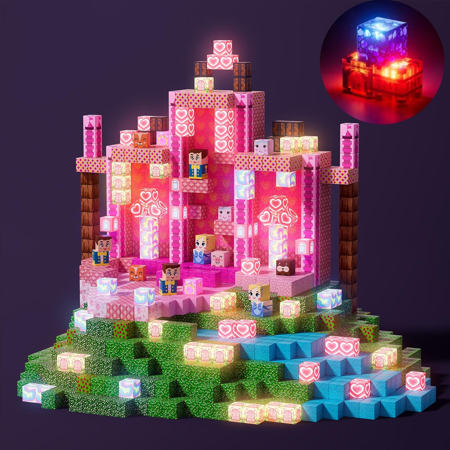 Light Up Magnetic Building Blocks Set 100/150/200 PCS, Pink Princess Castle Theme，Llluminated Magnetic Cubes for Girls & Boys 3+ Years Old, STEM Montessori Sensory Toys for Spatial Reasoning & 3D Construction, Christmas Birthday Gift