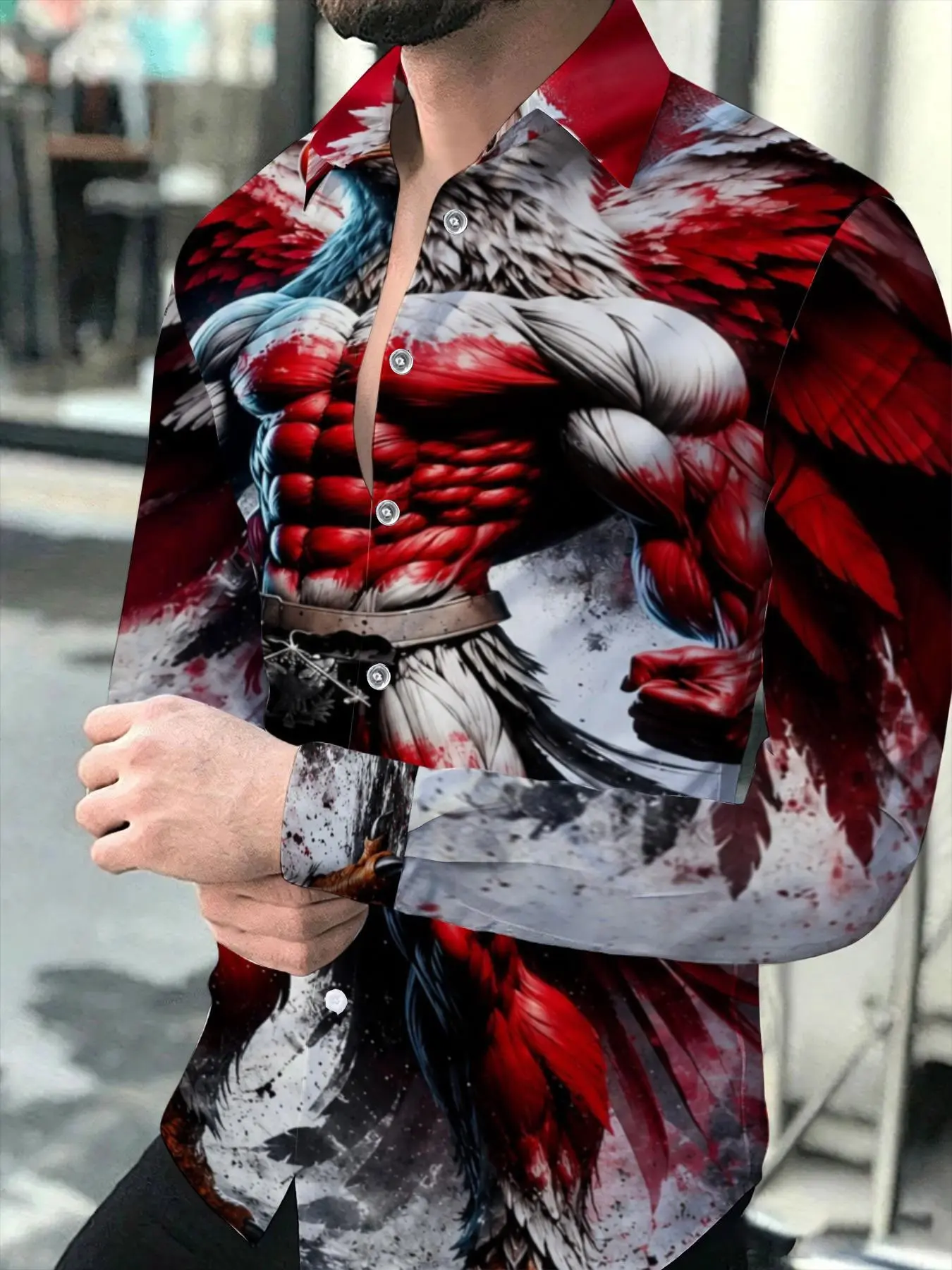 Men's Fashion Slim Fit Long Sleeve Aesthetic Shirt, Featuring Unique Anthropomorphic Raptor Muscular Print, Stylish Turn-down Collar Button-up Top with Wine Red, Black and White Color Scheme, Ideal for Daily Casual Wear Printed Party Active
