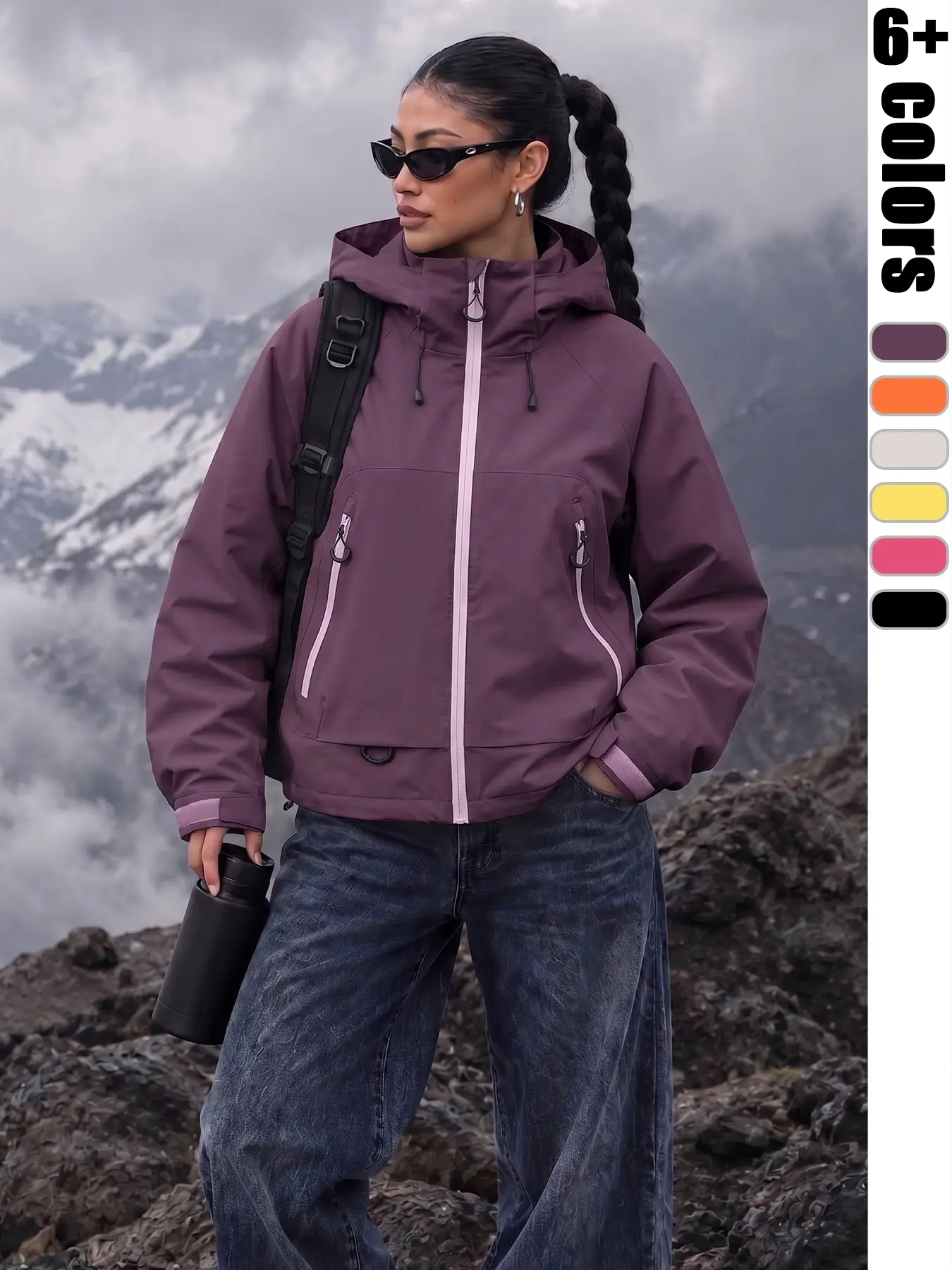 Women's Lightweight Zipper Hooded Jacket, Long Sleeve, Sporty Style, Breathable Waterproof Fabric, Ideal for Hiking Camping Running