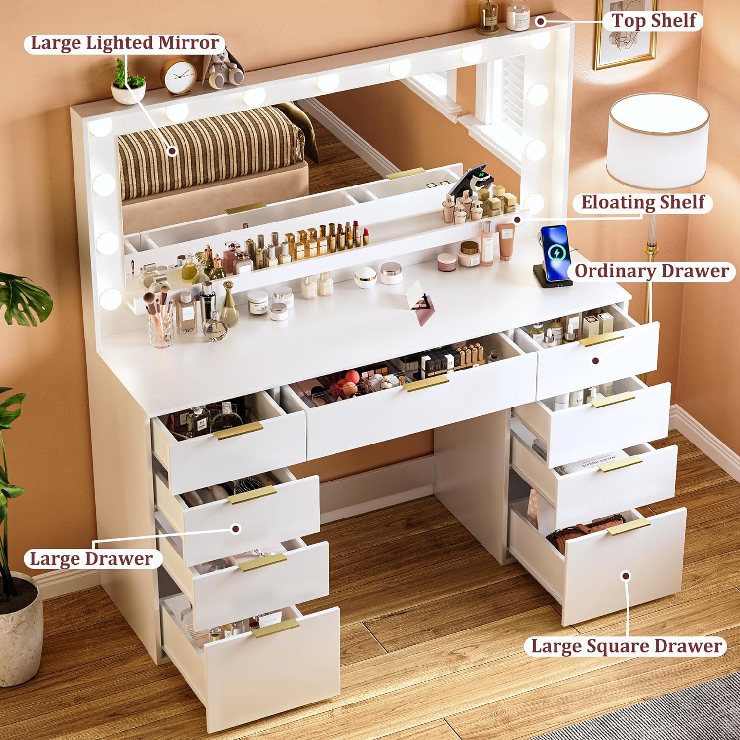 Vanity Desk with Large Mirror and Lights, 45.3in Makeup Vanity with Power Outlet 9 Drawers & Storage, 3 Lighting Color Adjustable, White Vanity Desk for Bedroom