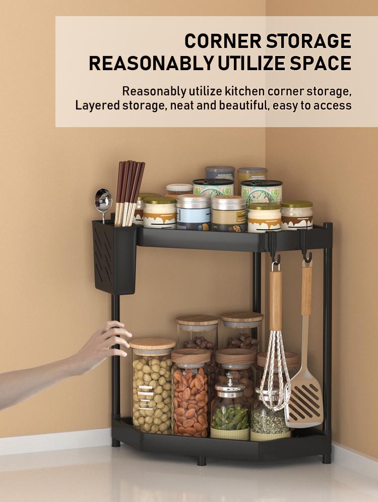 Kitchen Storage Rack, Space-Saving Corner Shelf, 2/3 Layer Standing Organizer, Ideal for Kitchen Utensils & Spices, Durable Design, Home Organizer Hook