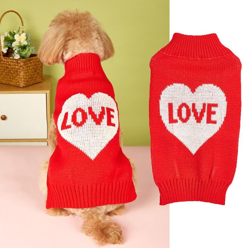 New Valentine's Day Knit High-Elasticity Round Neck Pink Red Lover Bow Heart Pattern French Bulldog Bichon Dog Sweater