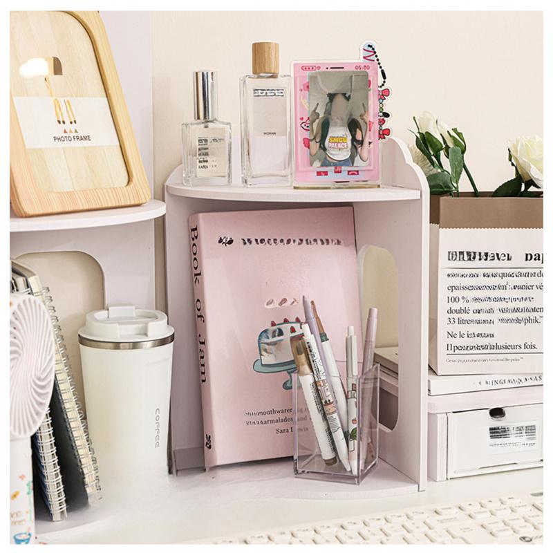 Space-Saving Multi-Layer Table Corner Rack, Stylish Wood Plastic Storage Shelf with Round Corners, Perfect Gift for Books, Cosmetics, Office Supplies, Table Organizers