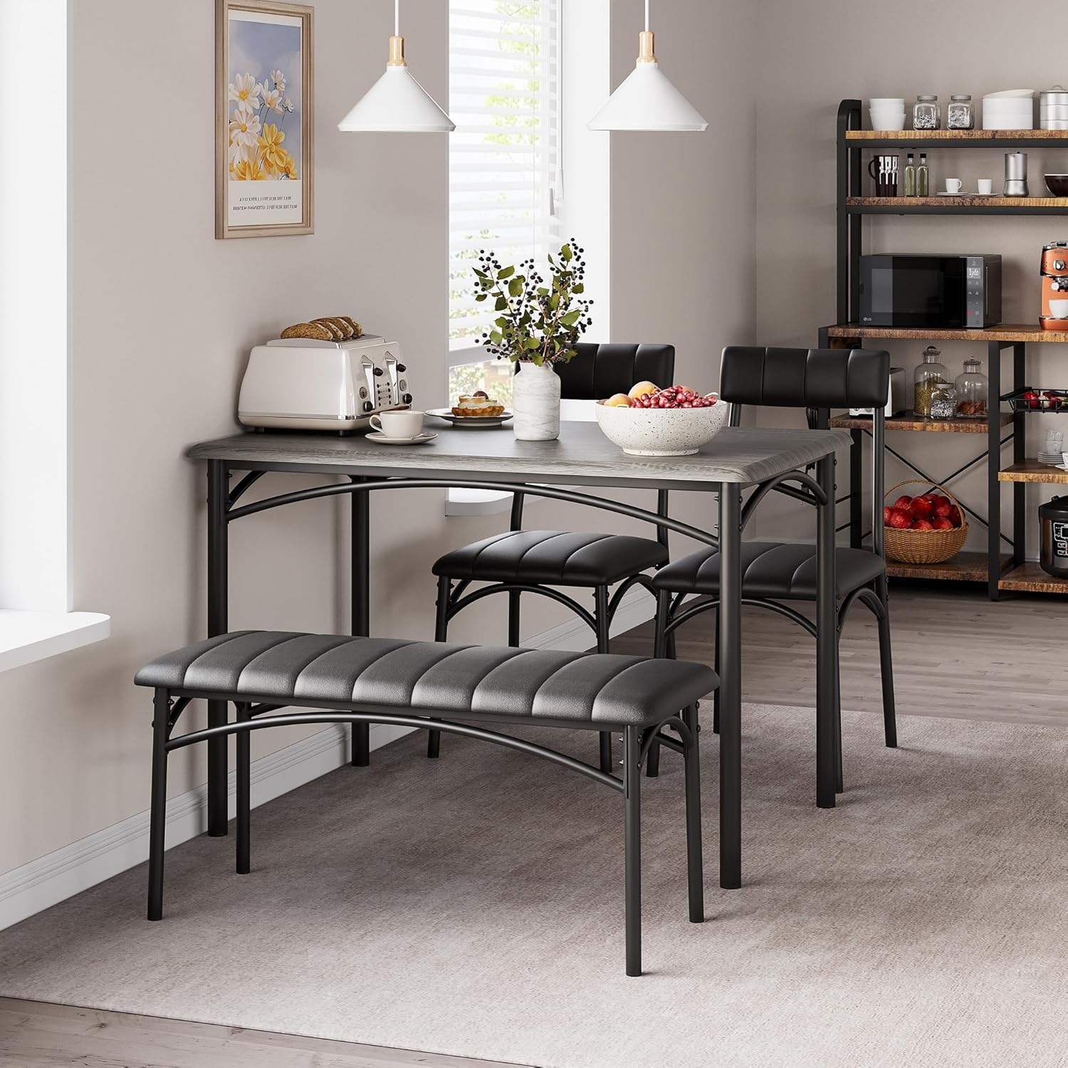 4-Piece Dining Set for 4 with Table, 2 Chairs & Upholstered Bench, Rectangular Wood Kitchen Table for Small Spaces, Apartments & Breakfast Nook