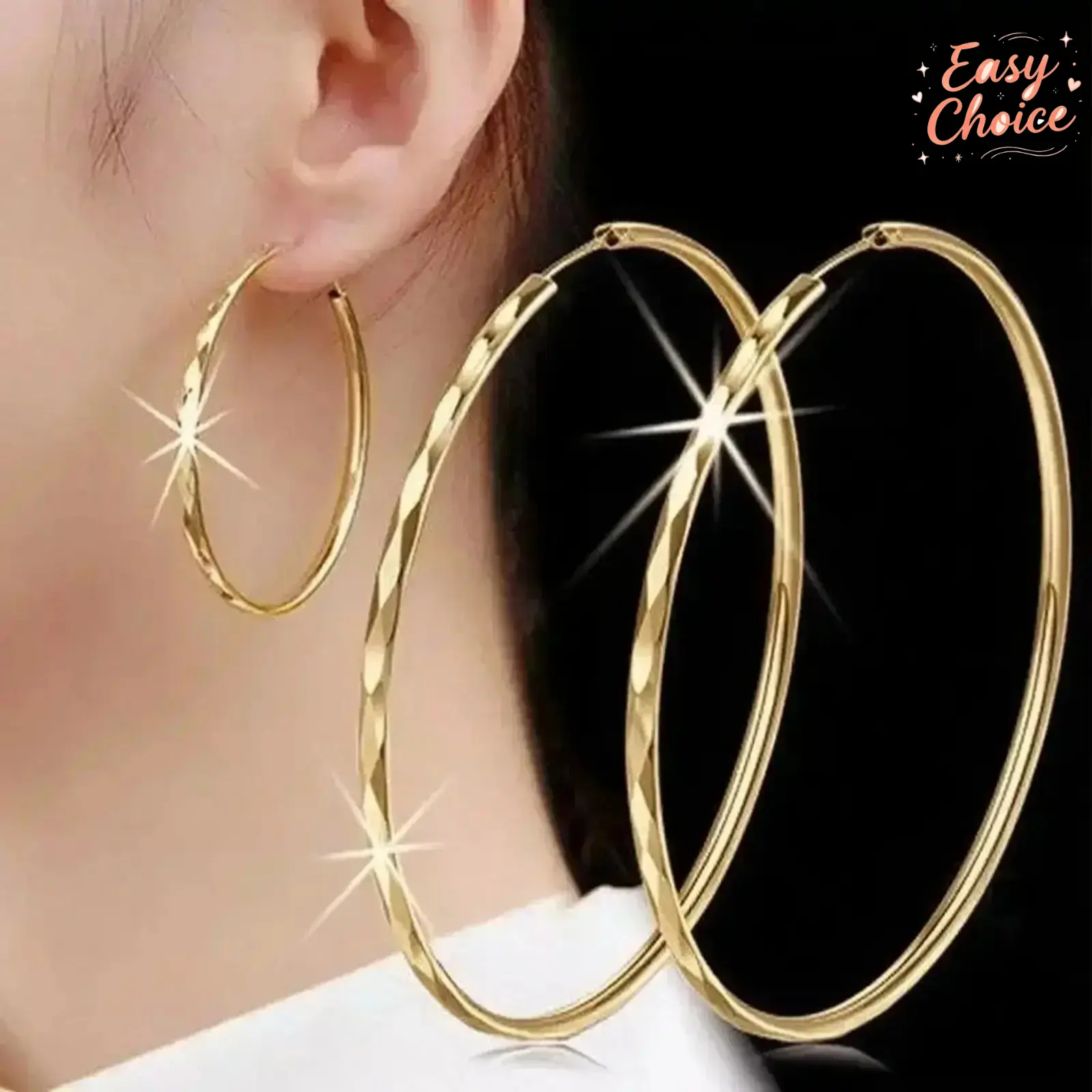 Vintage 18K Gold Diamond Cut Chunky Hoop Earrings For Women, Textured Large Circle Snap Huggie Hoops, Minimalist Trendy Ear Jewelry Accessories For Daily Dating Party Night Styling