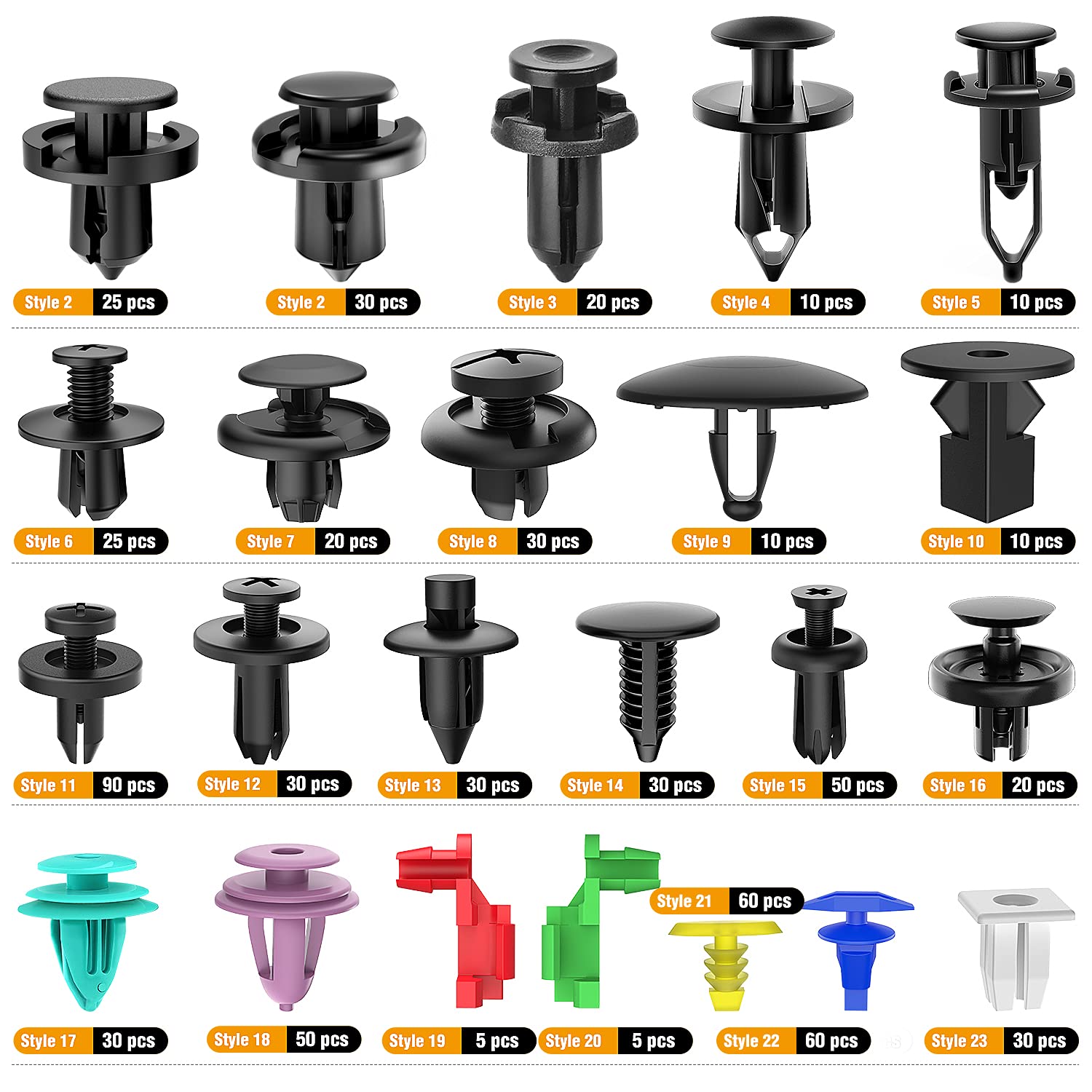 Universal Car Clips Plastic Rivets Fasteners Set Sizes Chart