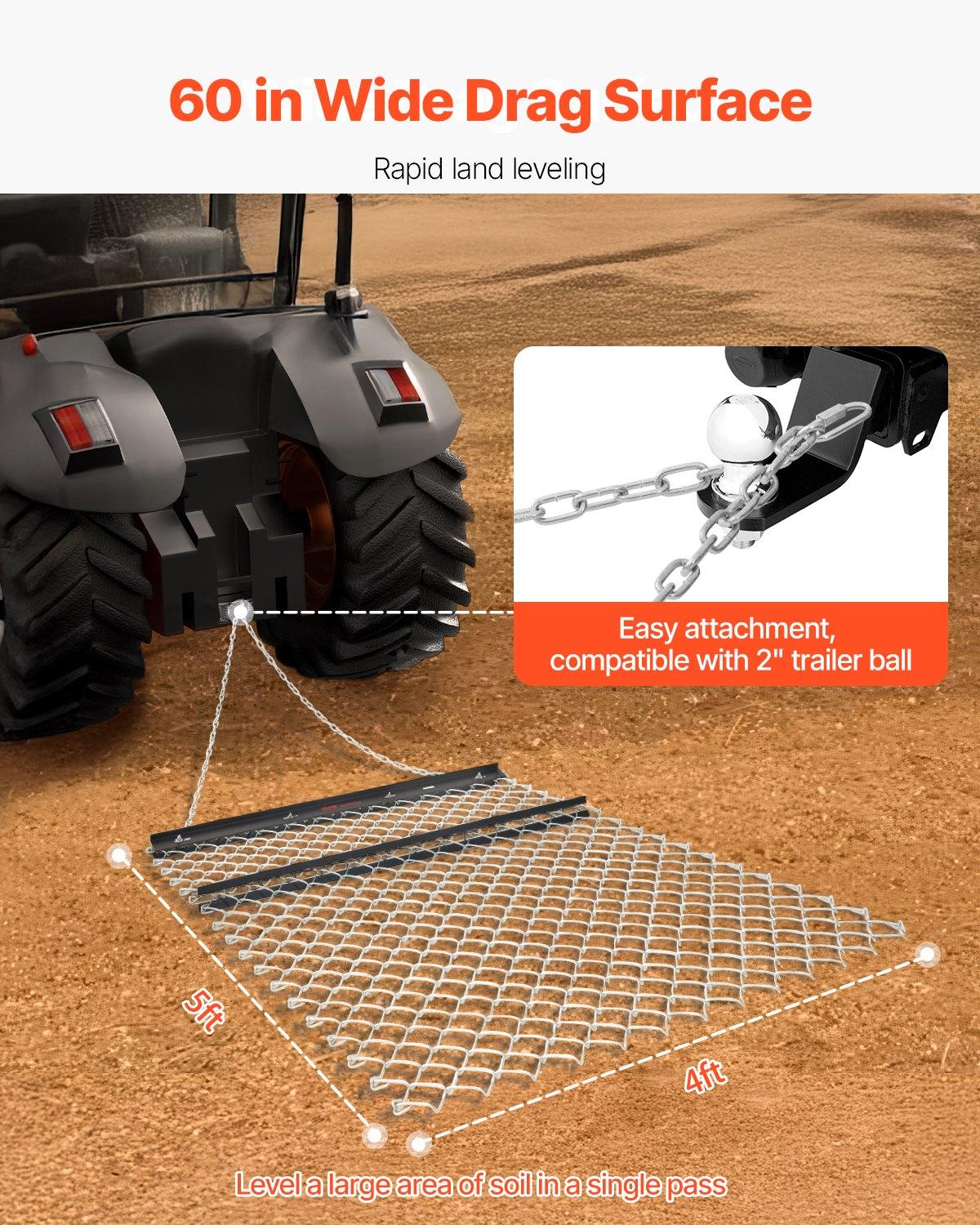 VEVOR Drag Harrow, 4 x 5 ft Chain Harrow - Made from Q235 Steel, UTV Tractor Attachments for Landscape Leveling or Sod Prepping, Durable Harrow Rake for Gravel Driveway, Farm Field Garden Black