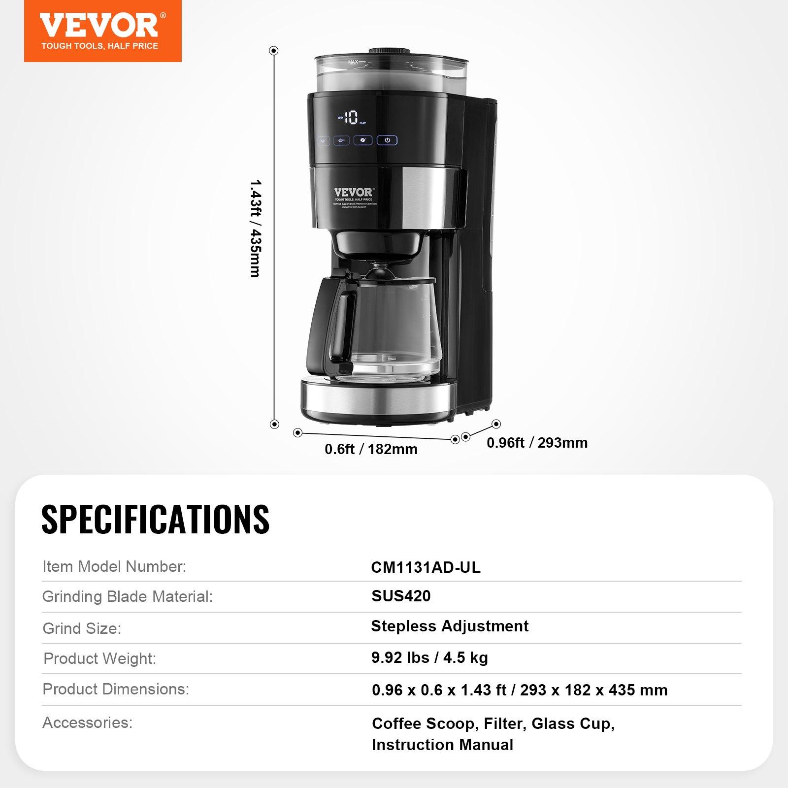 VEVOR Coffee Maker with Grinder, 10 Cup Coffee Machine, Grind and Brew Coffee Maker with 3 Brew Strength Control, Drip Coffee Maker with Adjustable Grinding Coarseness, for Home Office Restaurant VEVOR Coffee Maker with Grinder, 10 Cup Coffee Machine, Grind and Brew Coffee Maker with 3 Brew Strength Control, Drip Coffee Maker with Adjustable Grinding Coarseness, for Home Office Restaurant