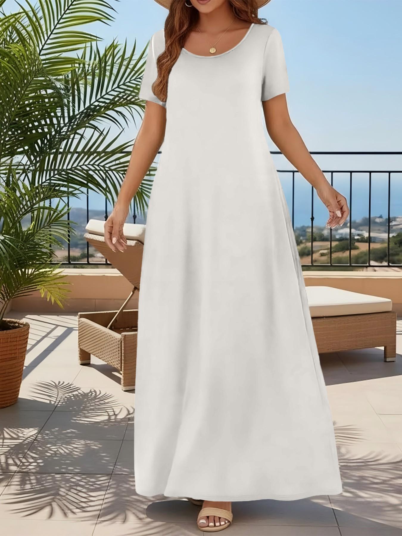 Women's Casual Commuter Plain Minimalist Short Sleeve Dress with Pockets, Loose Fit Summer & Fall, Essential Beachwear