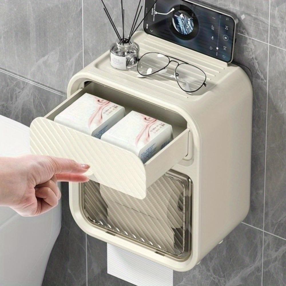 Bathroom Shelf with Drawers, Toilet Tissue Box — Suitable for Both Roll Paper and Facial Tissue. Punch-free Wall-mounted Roll & Facial Tissue Holder, Can Hold Mobile Phones, with Lid, Also for Sanitary Napkin Storage.