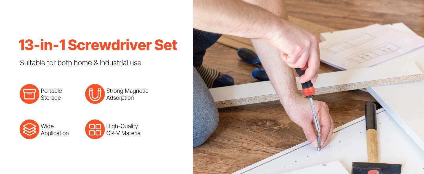 VEVOR Screwdriver Set, 13 in 1 Magnetic Multi Bit Mini Nut Driver Set, Phillips, Flat Head, Torx, Square Bits for Men, Manual Precision Repair Tool Kit for Sockets, Furniture, Home Appliances, Cars