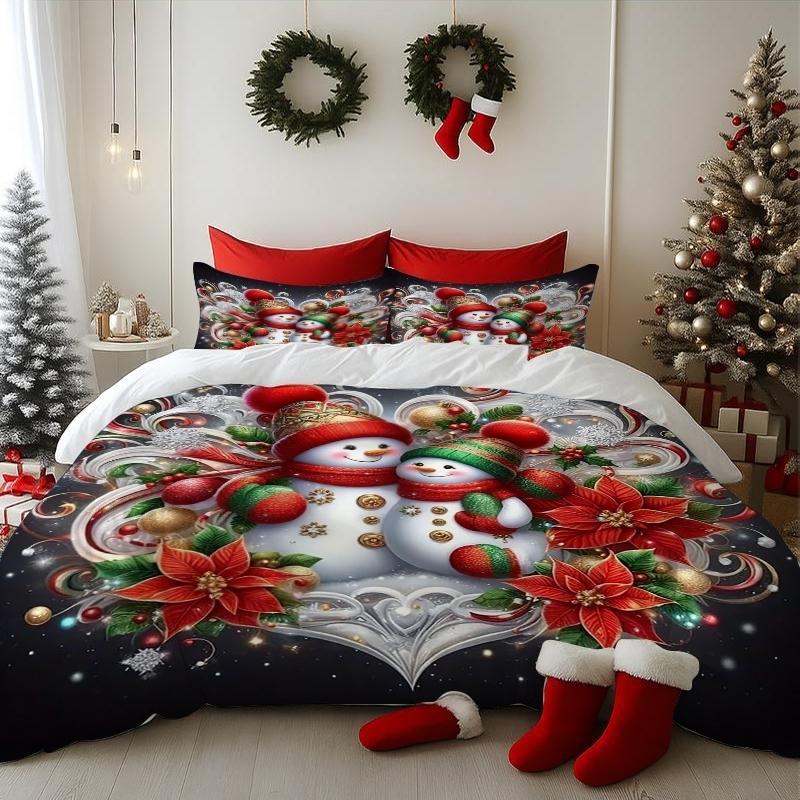 Christmas Theme Bedding Set, 3-Piece Snowman Pattern, Polyester Fiber, Fitted Sheet and Two Pillowcases, Universal Size