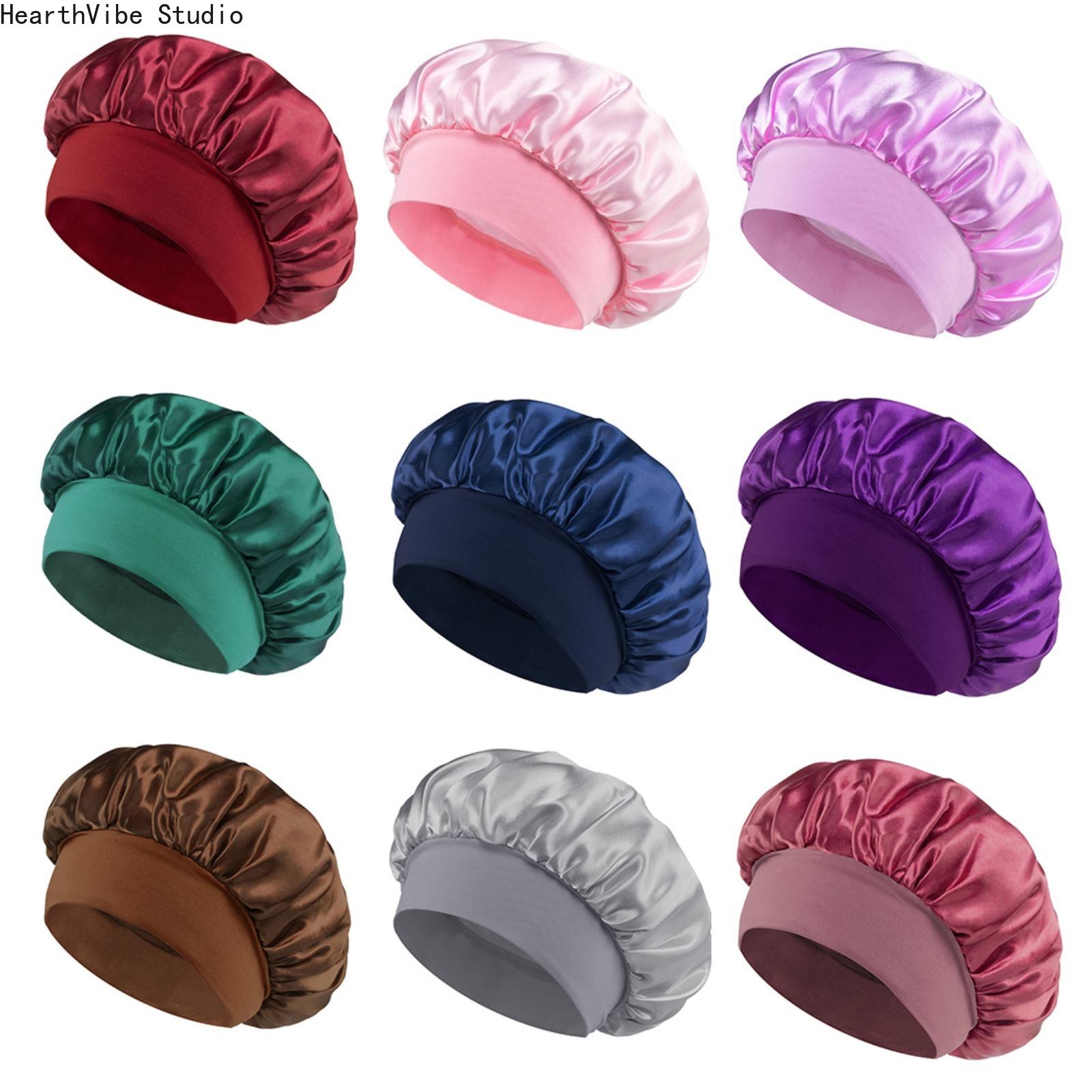 Double-Layer Satin Shower Cap for Women, Modern Minimalist Waterproof & Anti-Frizz Haircare Bonnet, Wide-Brimmed for Salon Styles and Heatless Curls, Beauty Products, Silky, Solid