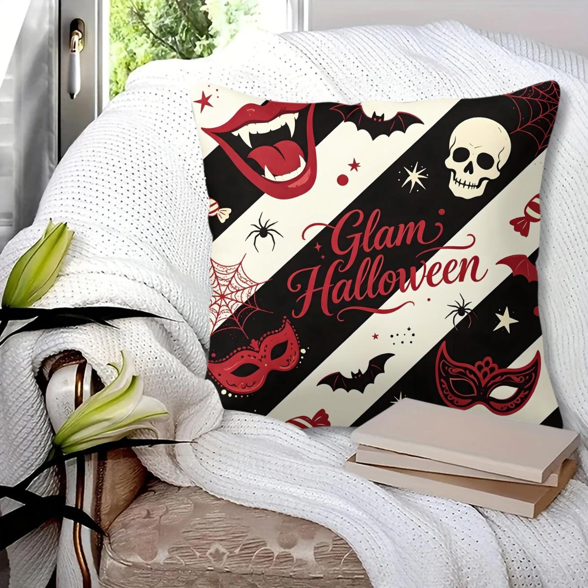 Spooky Halloween Ghost Throw Pillow, featuring bat, bare tree and crescent moon night print, soft durable decorative pillow perfect for sofa, couch, bedroom, living room halloween party decor, comes with pillow insert