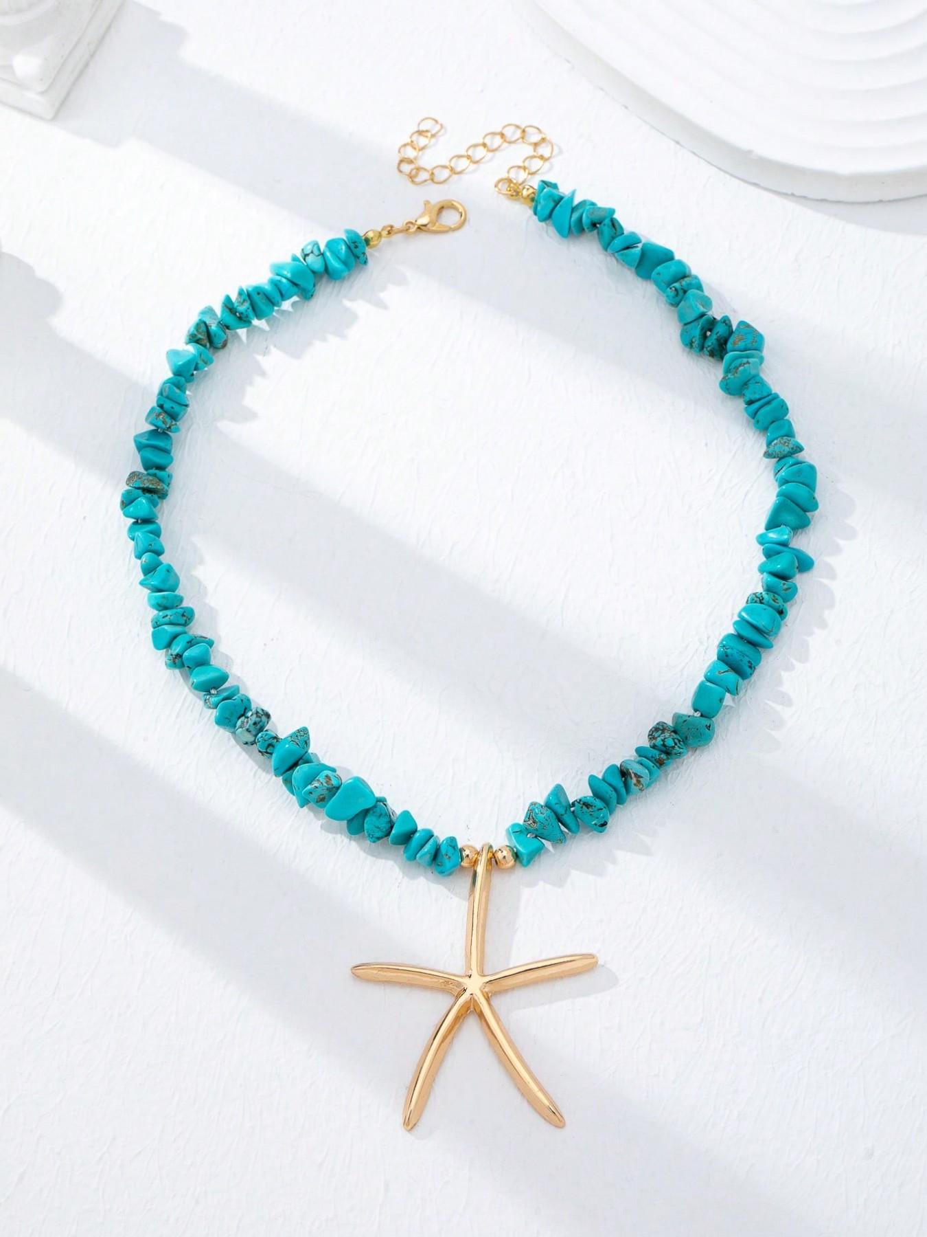 4 Pc Summer Bohemian Boho Unique Aesthetics Versatile Starfish Pendant Handmade Turquoise Stone Beaded Layered Necklace, Carabiner Locket Necklaces with Fish Coral Charms, Beach Vocation Jewelry Accessories