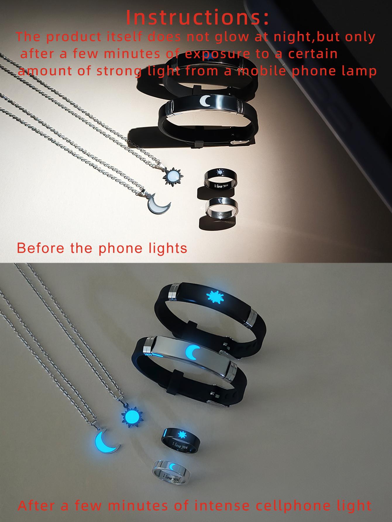 6 Piece Glow-In-The-Dark Moon & Sun Couple Necklace Bracelet Ring Couples Jewelry Set, Simple Cute Style, Perfect Gift for Valentine's Day