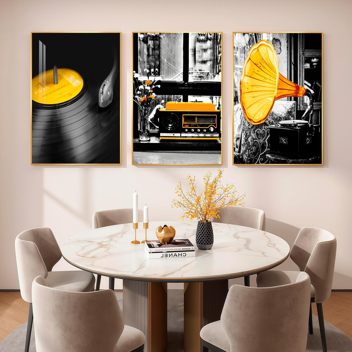 3 Counts Aluminum Alloy Framed Painting, Retro Vinyl Record Radio And Gramophone Pictures, Home Decoration For Living Room, Bedroom, Office, Restaurant, Hallway Wall Decor, Odorless Print Artwork, Luxury Perfect Gift For Friends And Family