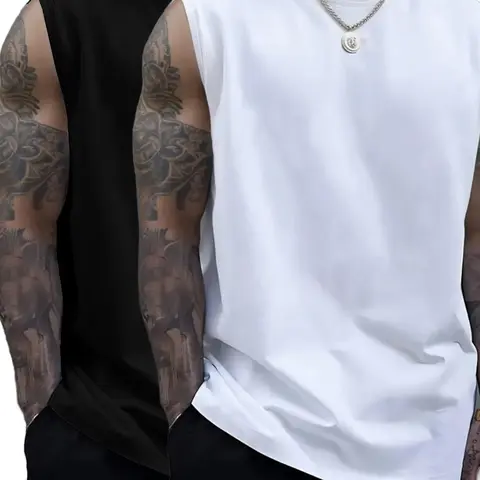 Men's Fashion Casual Plain Round Neck Wide Shoulder Vest Two-Piece Set, Loose-Fitting Top Without Collar or Zipper, Stylish and Simple Design, Sleeveless Vest Tops, Sleeveless Tanks