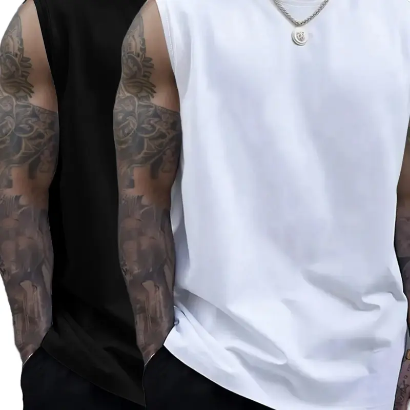 Men's Fashion Casual Plain Round Neck Wide Shoulder Vest Two-Piece Set, Loose-Fitting Top Without Collar or Zipper, Stylish and Simple Design, Sleeveless Vest Tops, Sleeveless Tanks