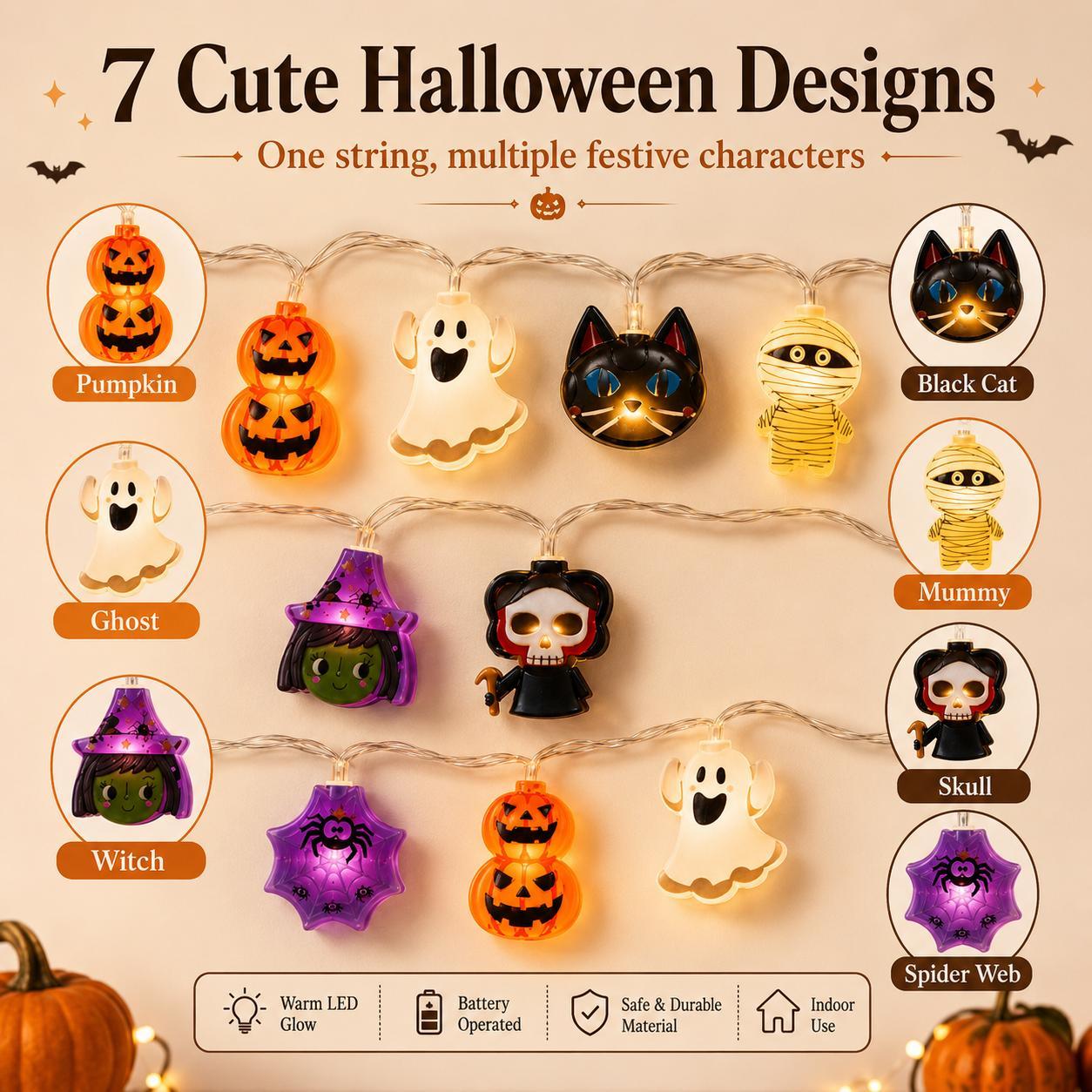 Halloween LED string lights arranged around books pumpkins and skull decor