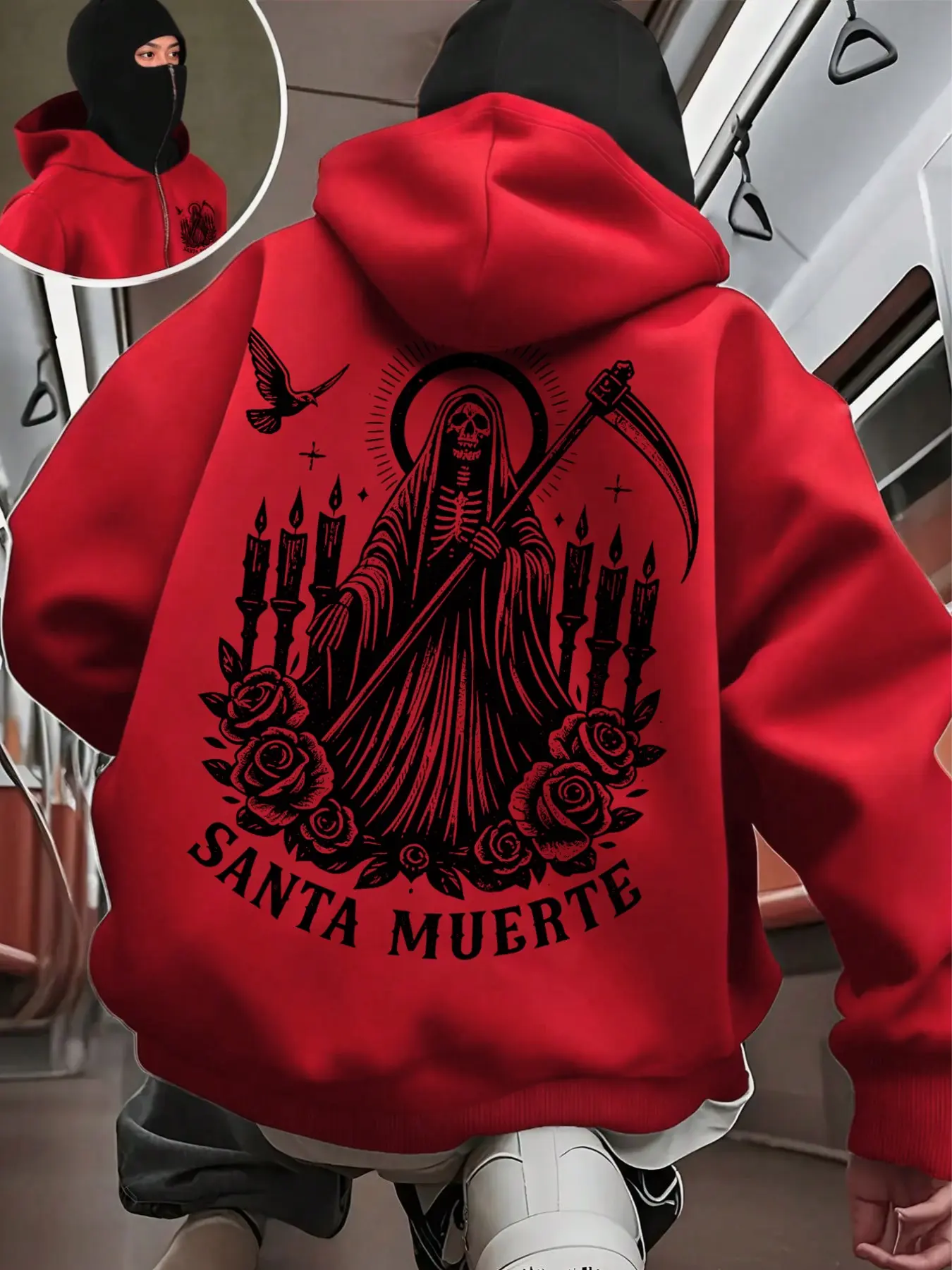 Santa Muerte Graphic Zip‑Up Hoodie With Built‑In Balaclava Face Mask, Large Skull Rose Print On Back, Kangaroo Pocket Gothic Long‑Sleeve Streetwear Casual Sweatshirt#SantaMuerte#BalaclavaHoodie#GothicStreetwear#SkullPrintHoodie#DarkFashion#ZipUpSweatshirt