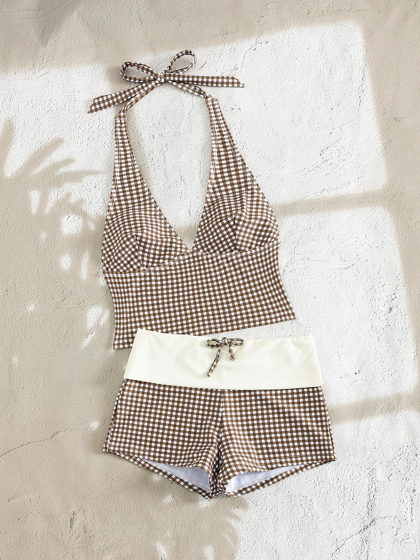 PEPPERMOLLY Women's 2-Piece Plaid Bikini Set - 2026 Spring/Summer Retro Sportswear Halter Top Swimsuit, for Luxury Beach Vacation, Pool Party, Halter Tops, 2 Piece Sets